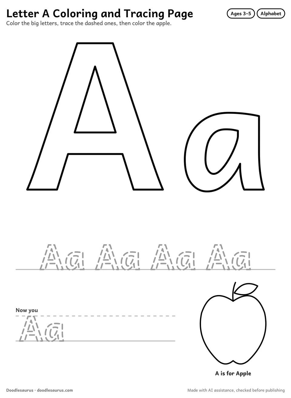 Letter A alphabet coloring page: big outlined uppercase A and lowercase a to color, a dashed tracing row and an apple picture.
