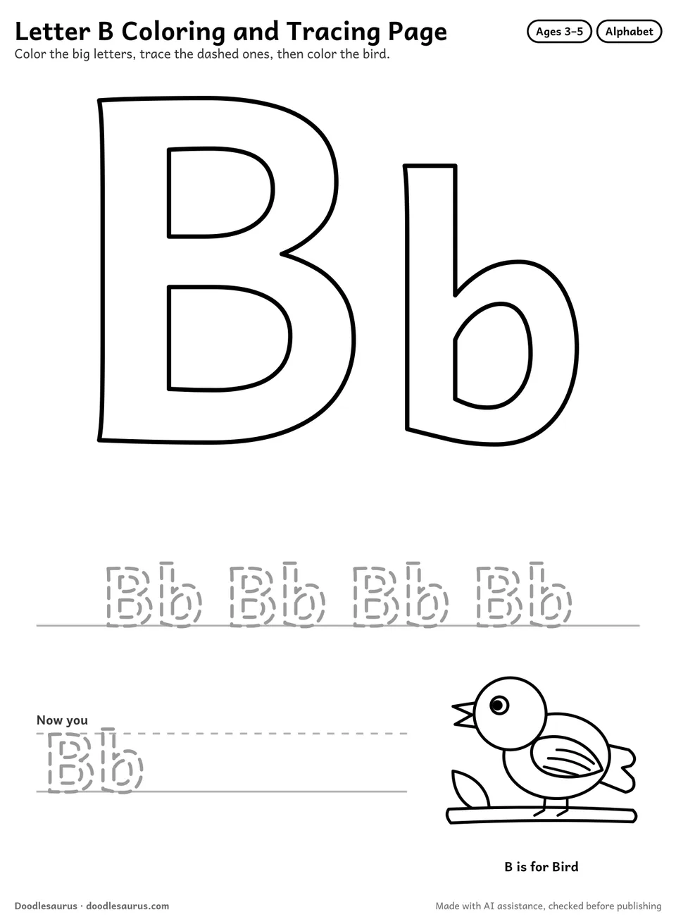 Letter B alphabet coloring page: big outlined uppercase B and lowercase b to color, a dashed tracing row and a bird picture.