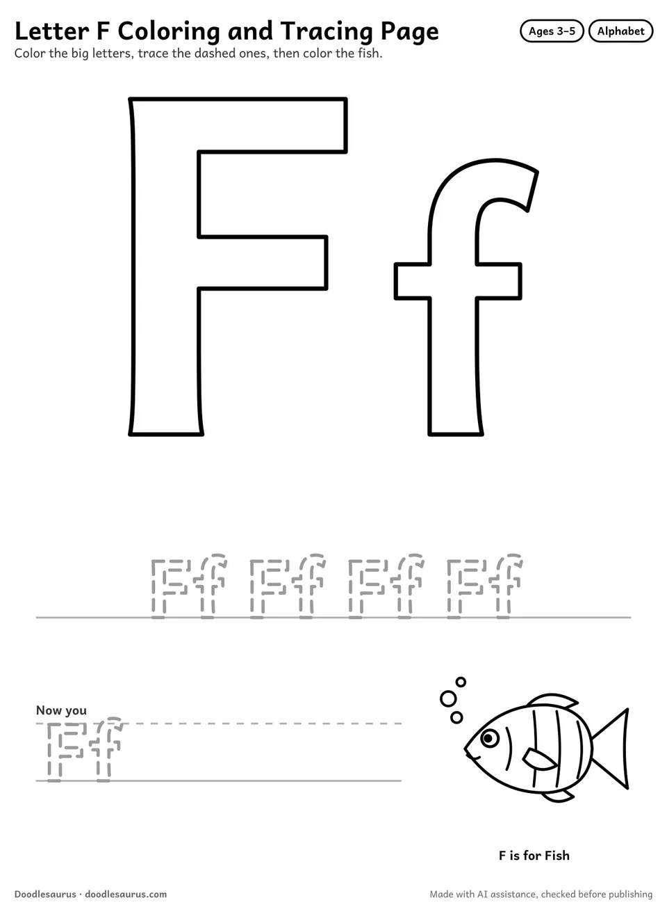 Letter F alphabet coloring page: big outlined uppercase F and lowercase f to color, a dashed tracing row and a fish picture.
