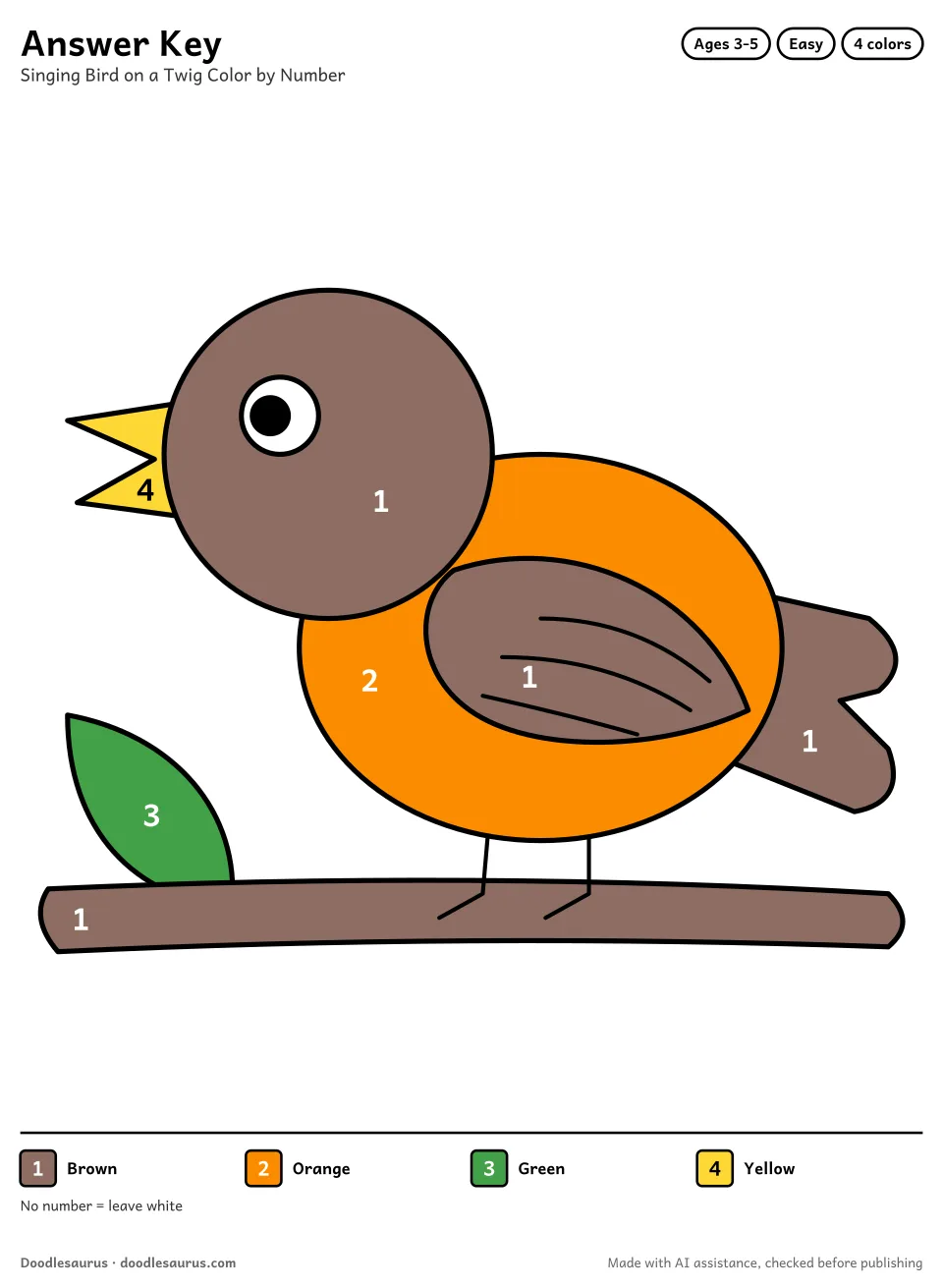 Answer key for Singing Bird on a Twig Color by Number (4 Colors)
