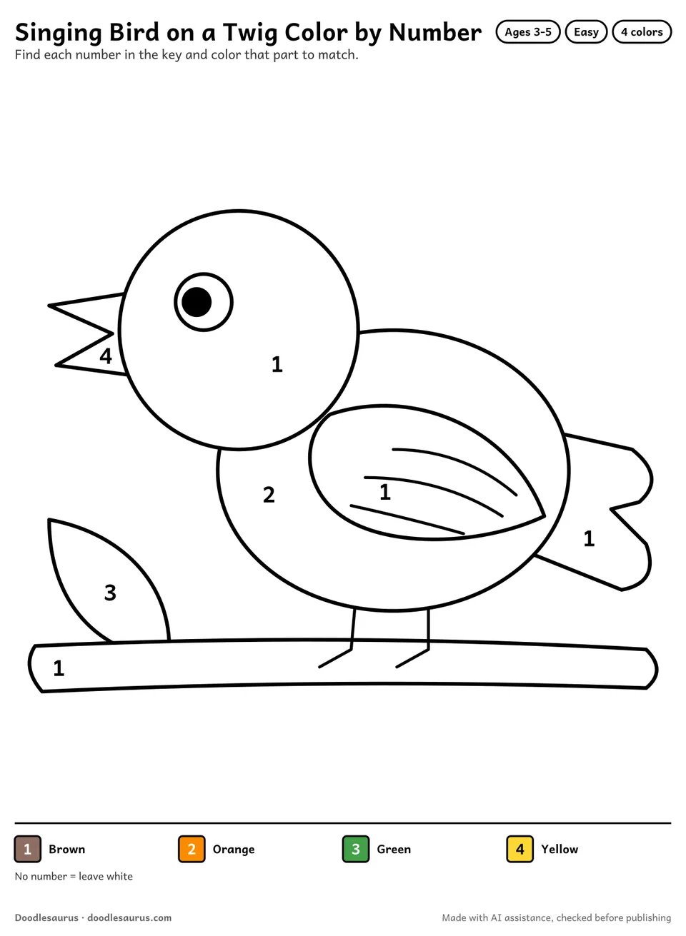 Color-by-number printable of a singing bird on a twig with 4 numbered colors and a color key; an answer page shows the finished picture.
