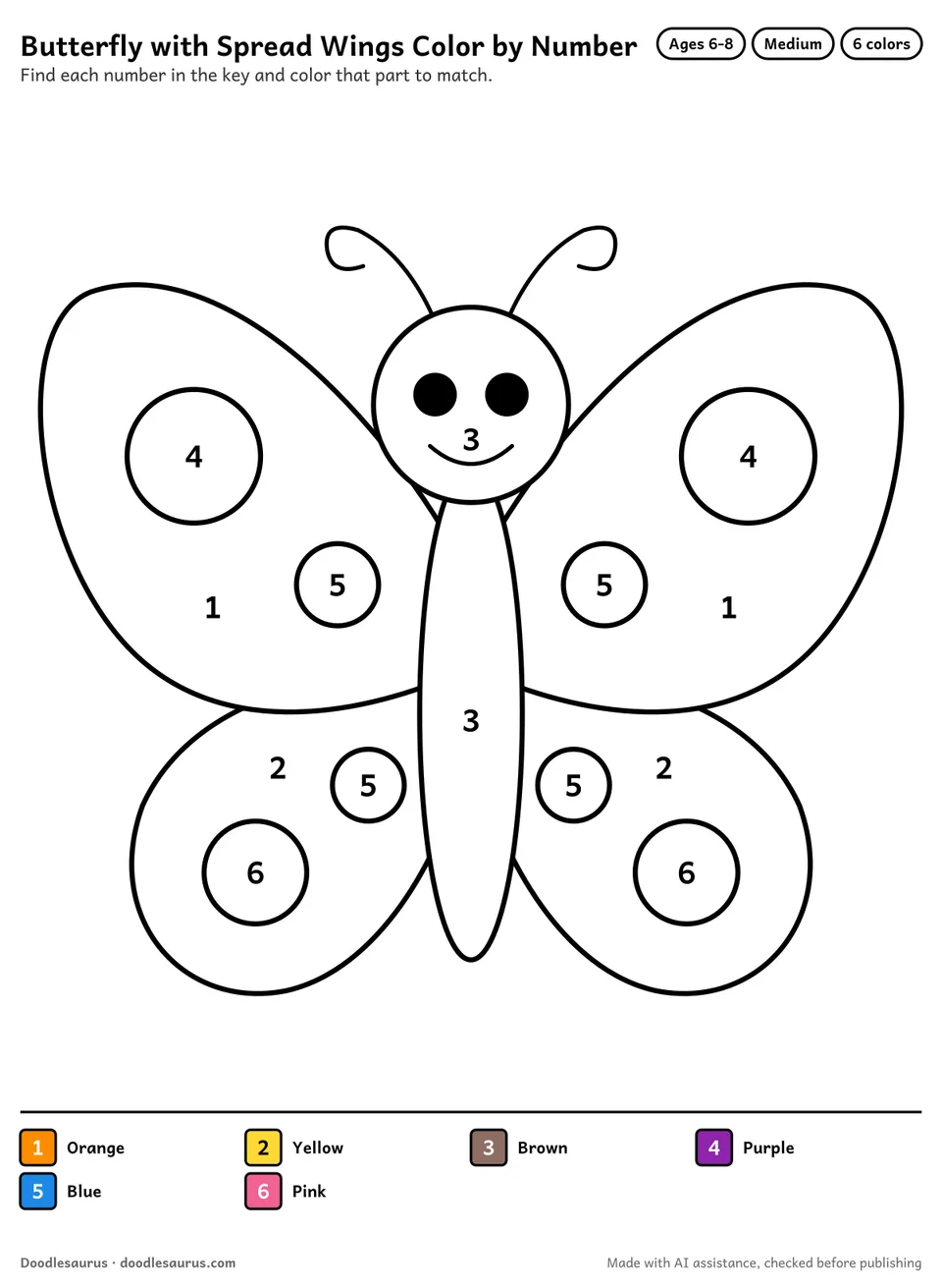 Color-by-number printable of a butterfly with spread wings: 6 numbered colors and a color key; an answer page shows the finished picture.