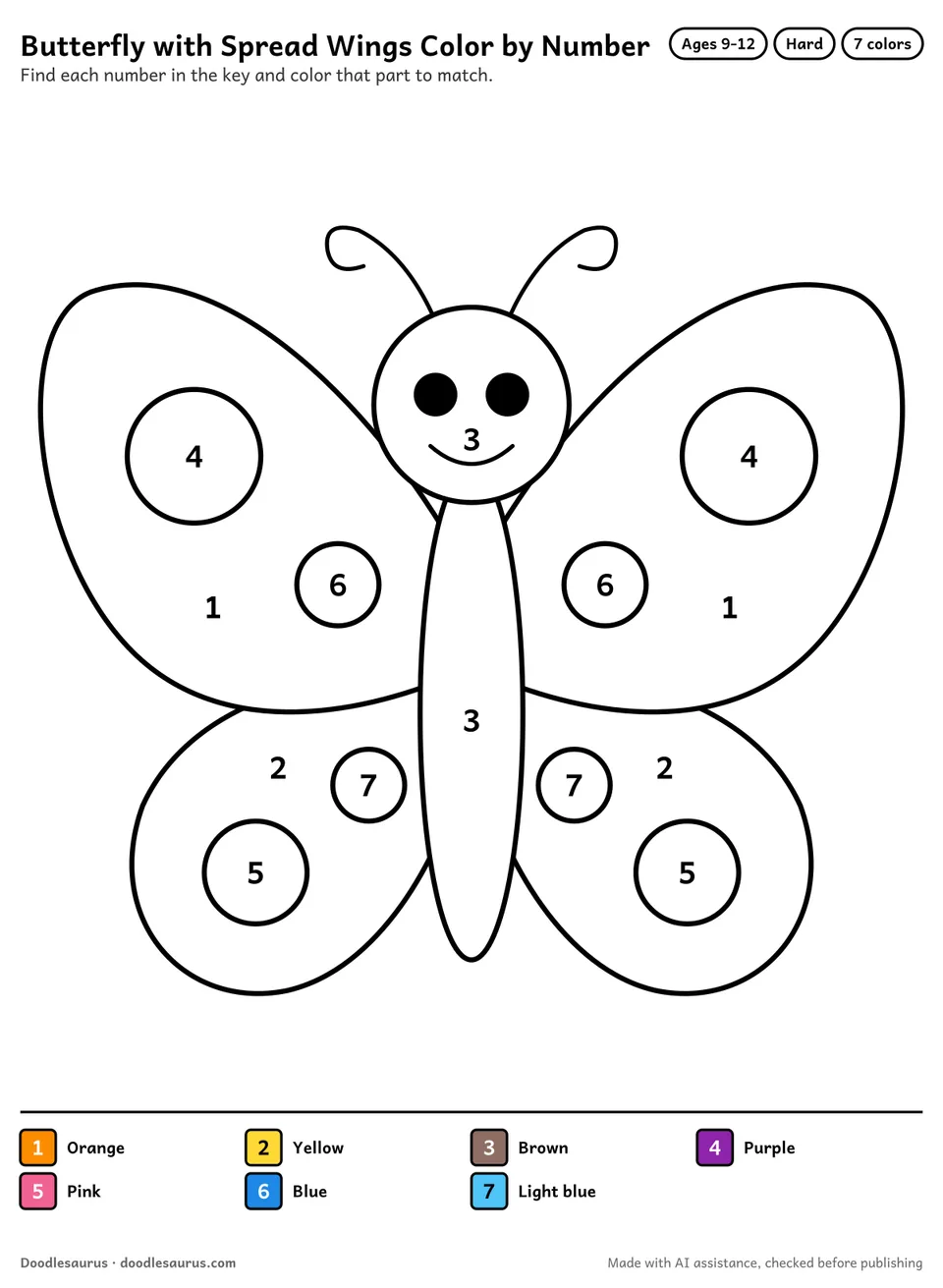 Color-by-number printable of a butterfly with spread wings: 7 numbered colors and a color key; an answer page shows the finished picture.