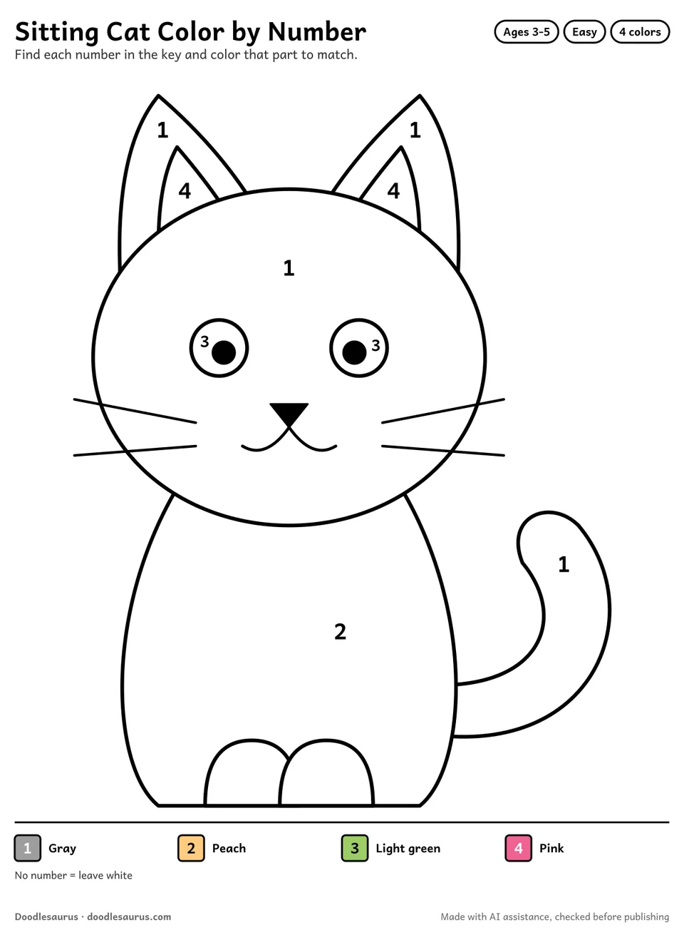 Color-by-number printable of a sitting cat with 4 numbered colors and a color key; an answer page shows the finished picture.