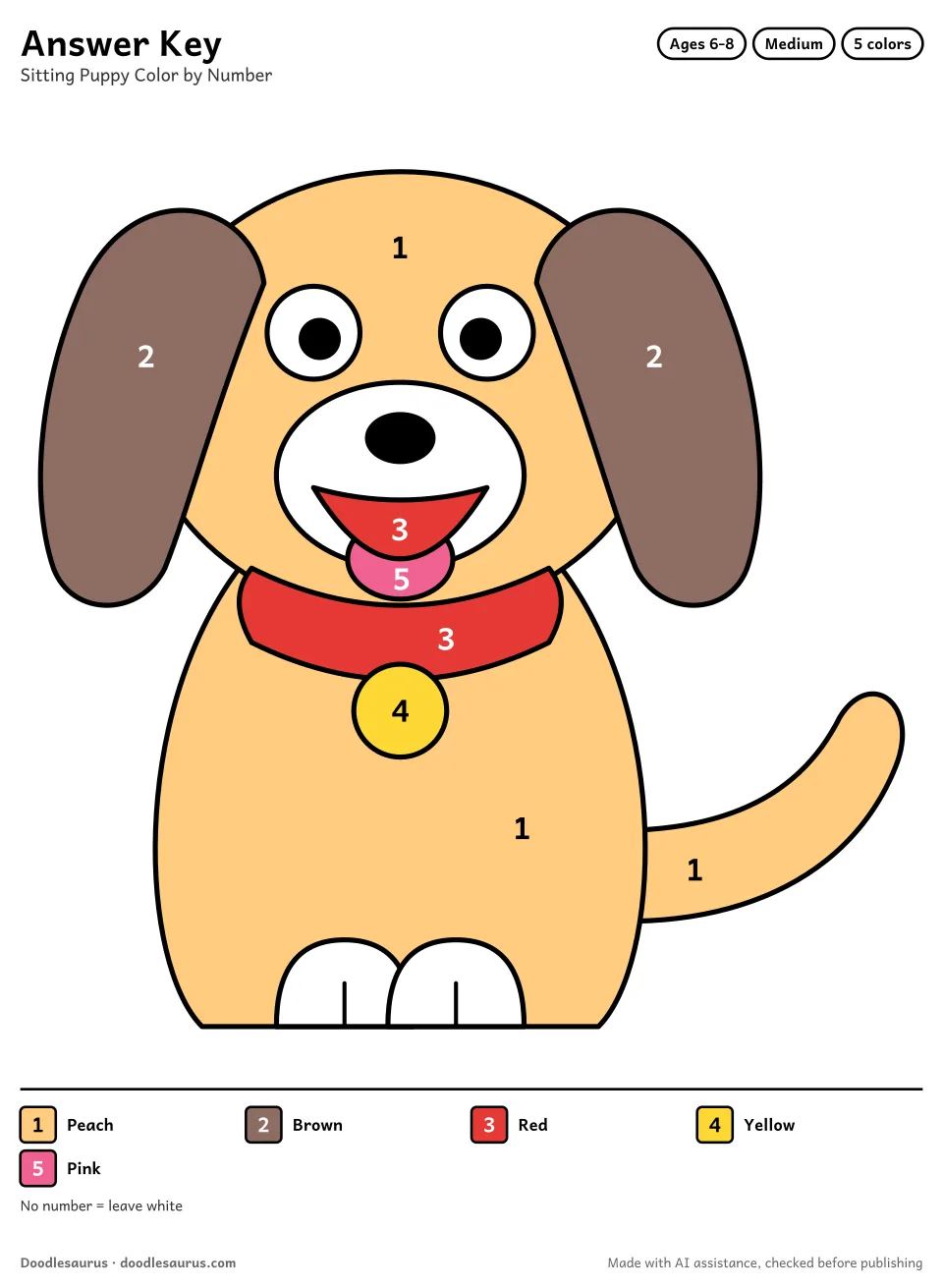 Answer key for Sitting Puppy Color by Number (5 Colors)