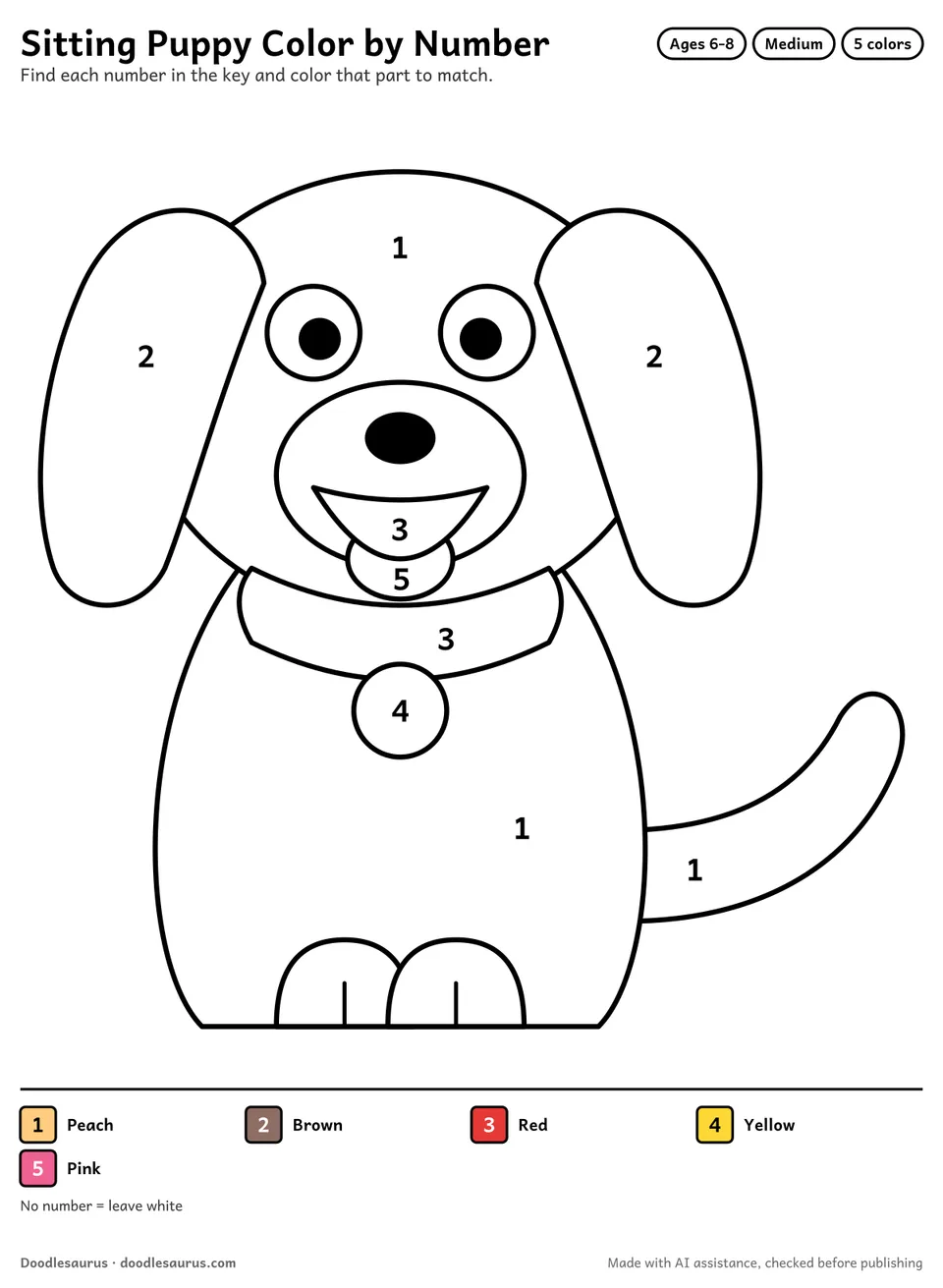 Color-by-number printable of a sitting puppy with 5 numbered colors and a color key; an answer page shows the finished picture.