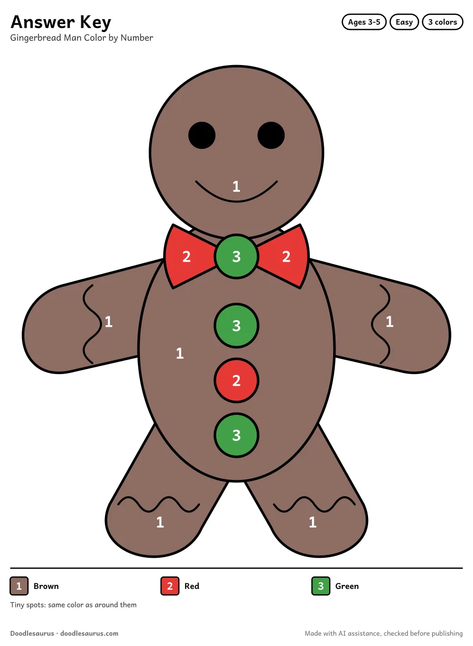 Answer key for Gingerbread Man Color by Number (3 Colors)