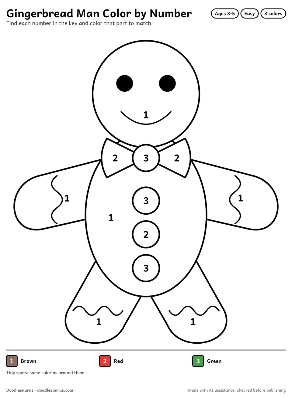 Color-by-number printable of a gingerbread man with 3 numbered colors and a color key; an answer page shows the finished picture.