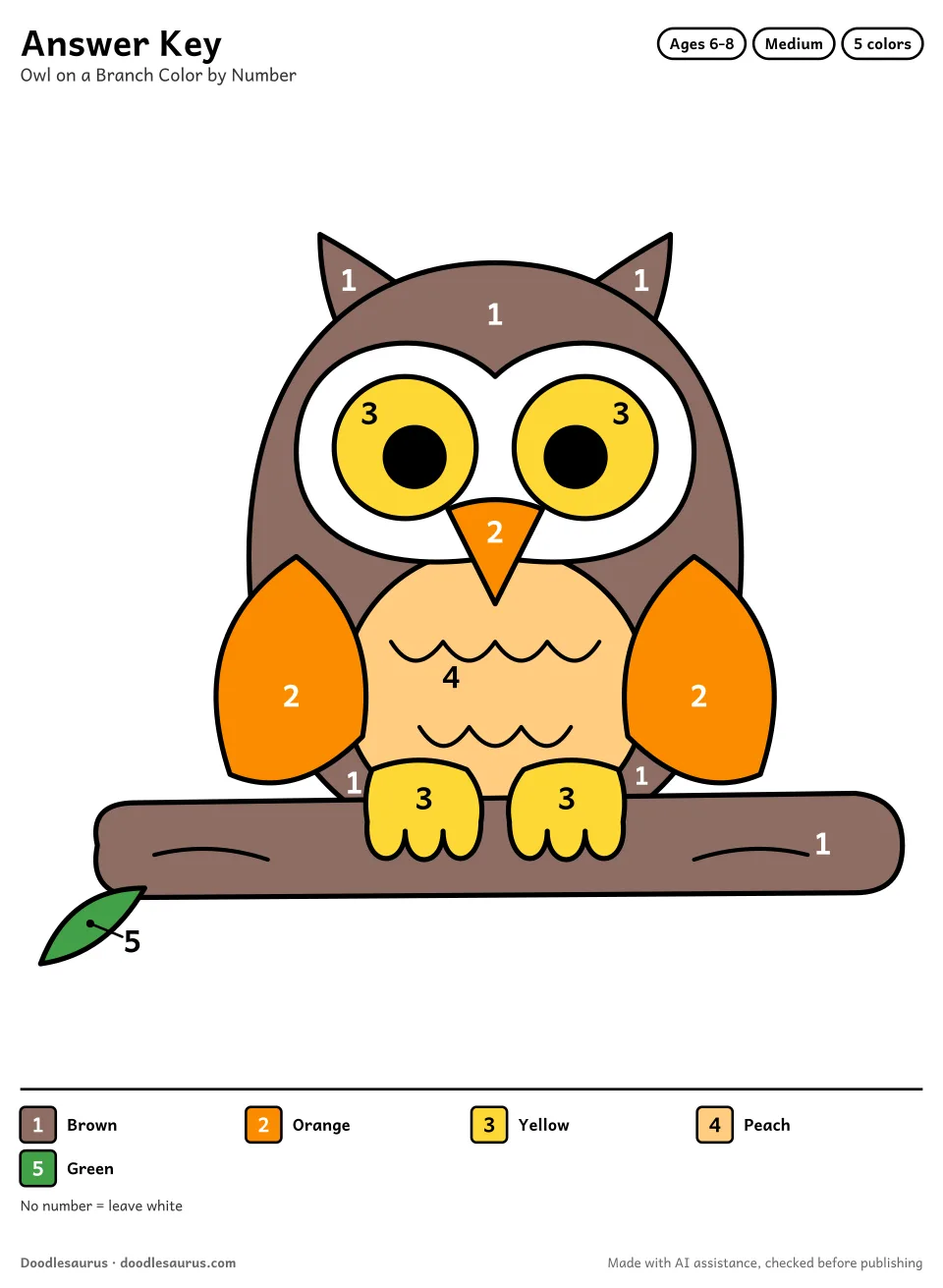 Answer key for Owl on a Branch Color by Number (5 Colors)
