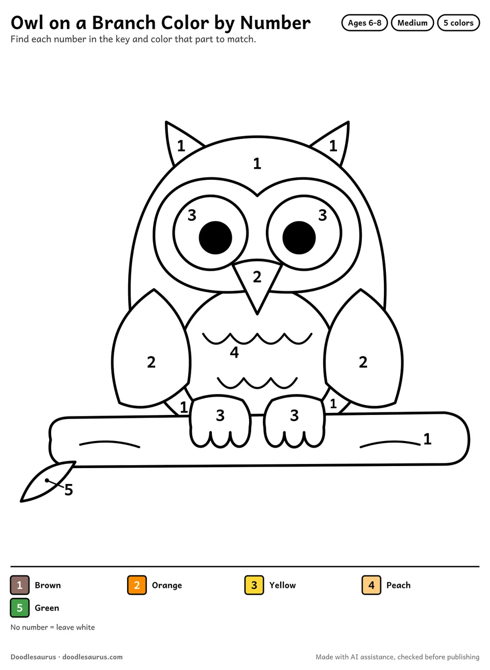 Color-by-number printable of an owl on a branch with 5 numbered colors and a color key; an answer page shows the finished picture.