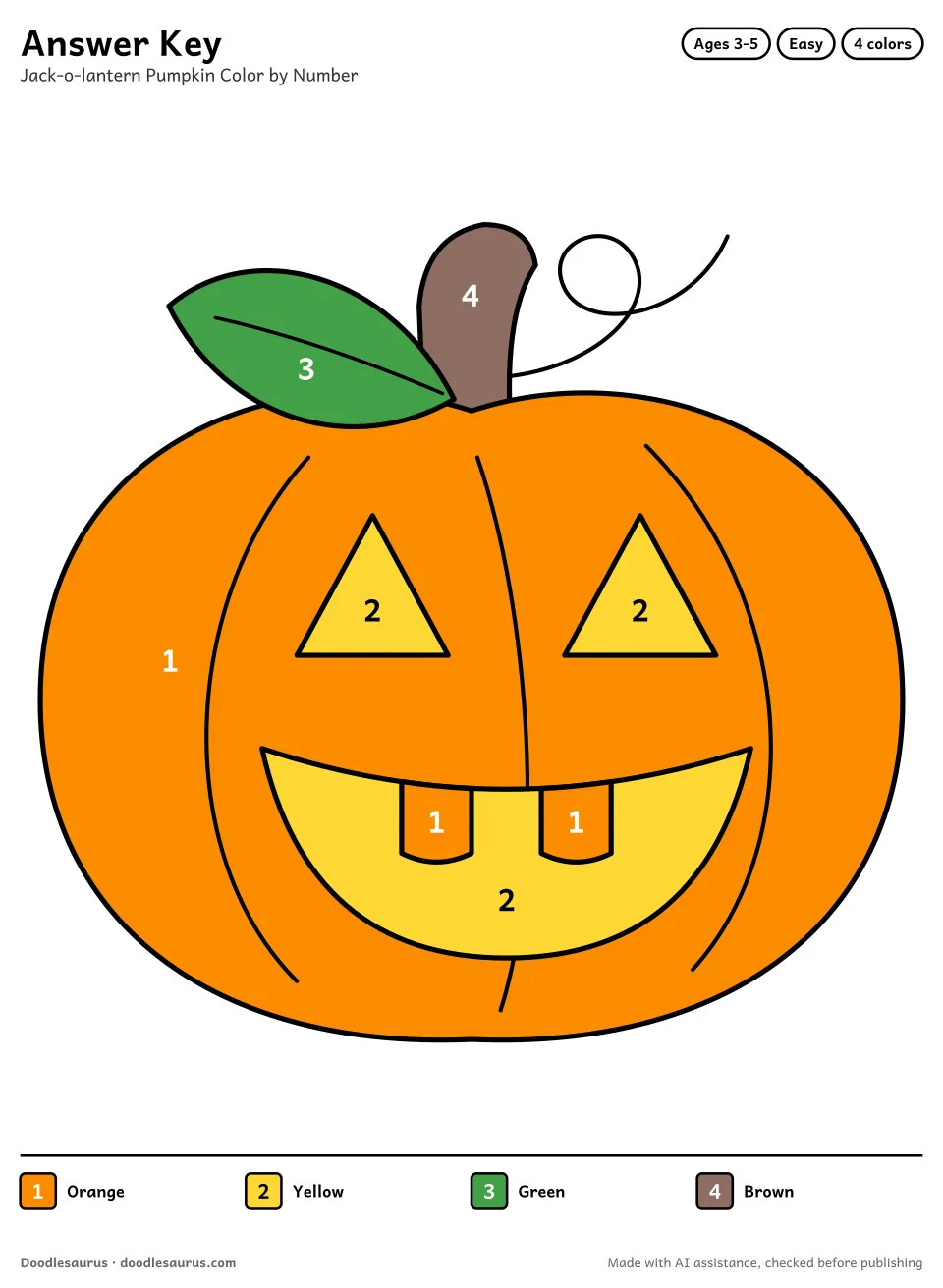 Answer key for Jack-o-lantern Pumpkin Color by Number (4 Colors)
