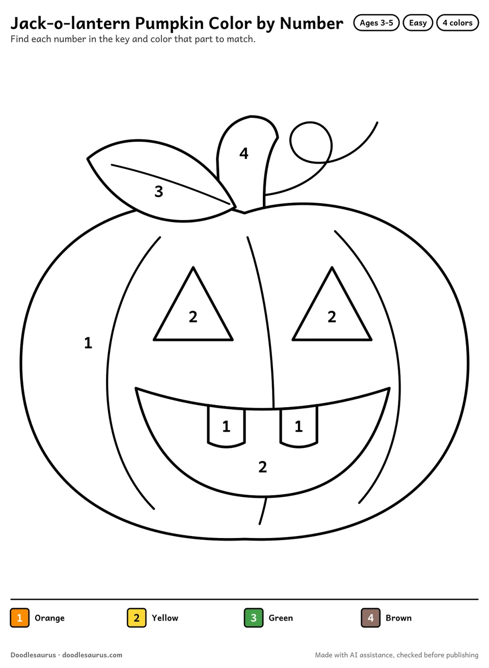 Color-by-number printable of a jack-o-lantern pumpkin with 4 numbered colors and a color key; an answer page shows the finished picture.