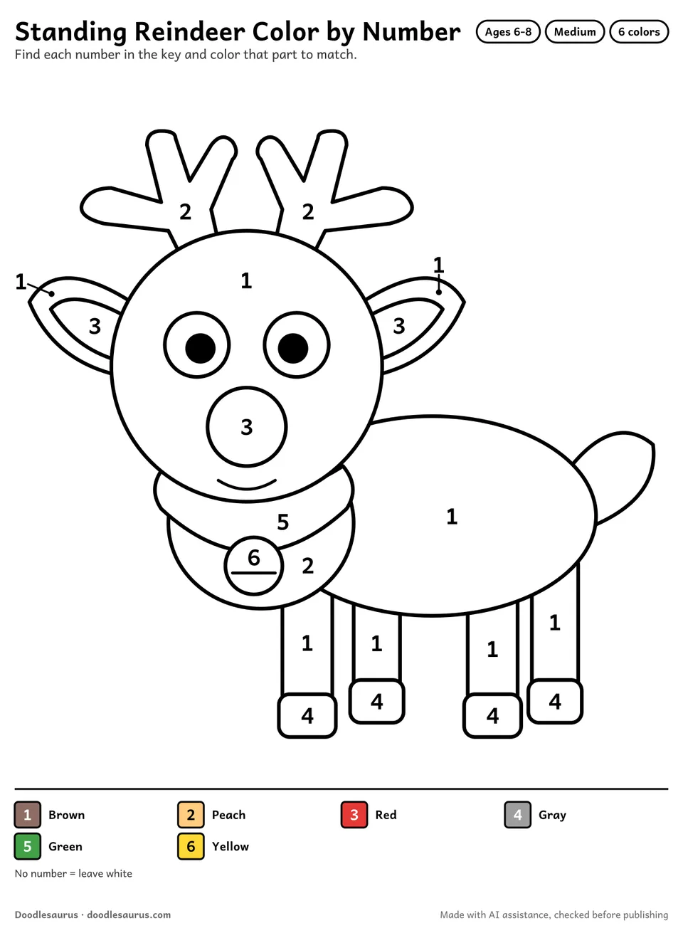 Color-by-number printable of a standing reindeer with 6 numbered colors and a color key; an answer page shows the finished picture.