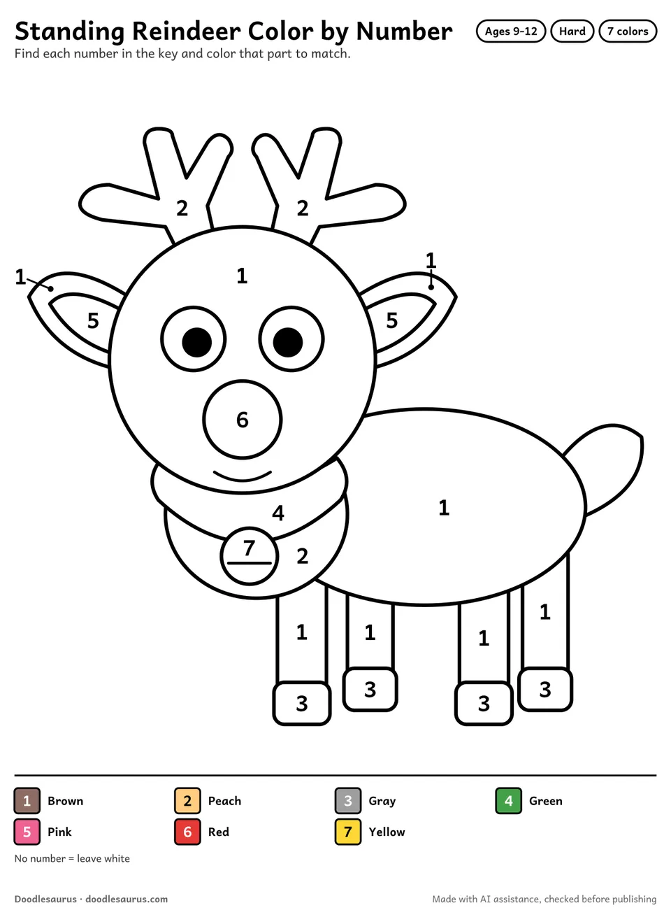 Color-by-number printable of a standing reindeer with 7 numbered colors and a color key; an answer page shows the finished picture.