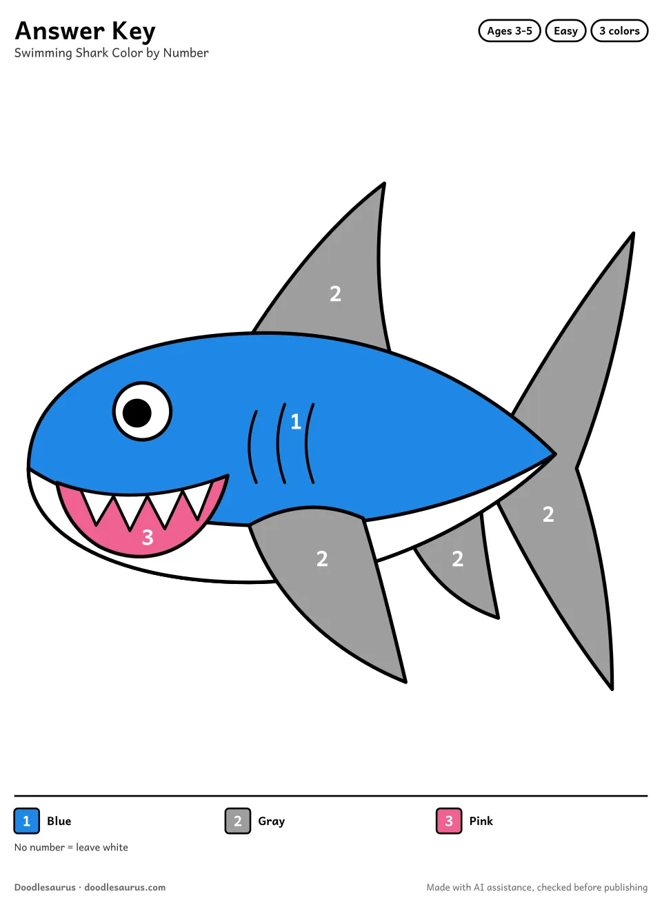 Answer key for Swimming Shark Color by Number (3 Colors)