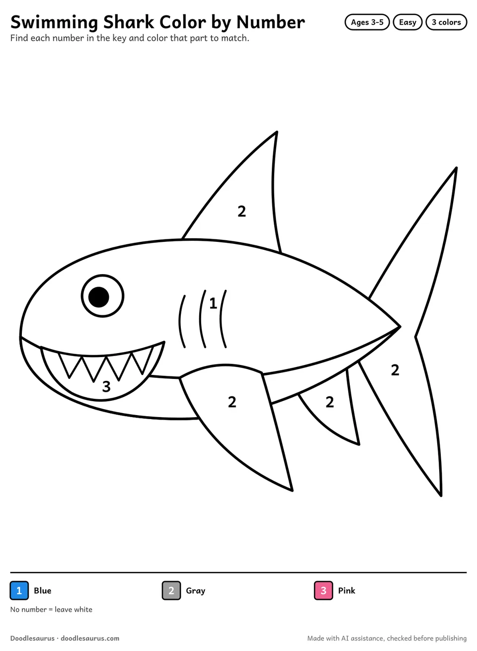 Color-by-number printable of a swimming shark with 3 numbered colors and a color key; an answer page shows the finished picture.