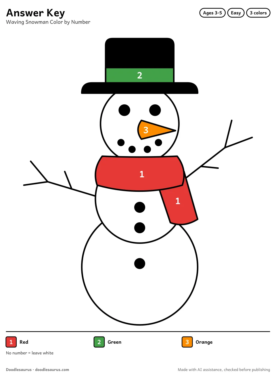 Answer key for Waving Snowman Color by Number (3 Colors)