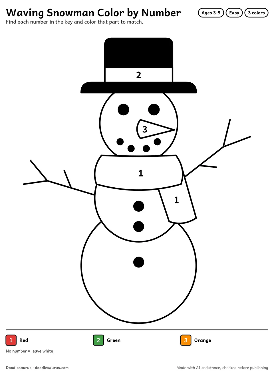 Color-by-number printable of a waving snowman with 3 numbered colors and a color key; an answer page shows the finished picture.