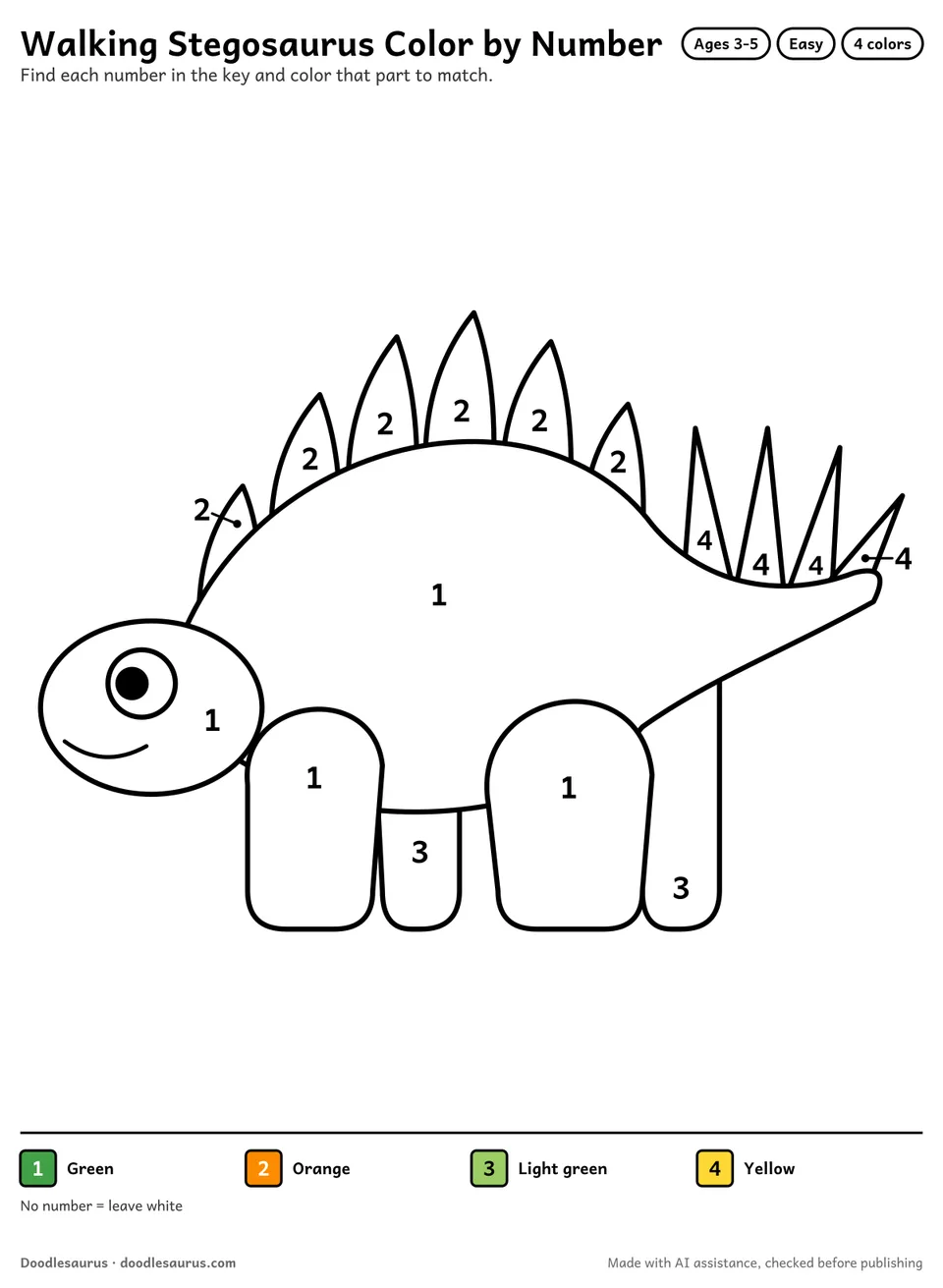 Color-by-number printable of a walking stegosaurus with 4 numbered colors and a color key; an answer page shows the finished picture.
