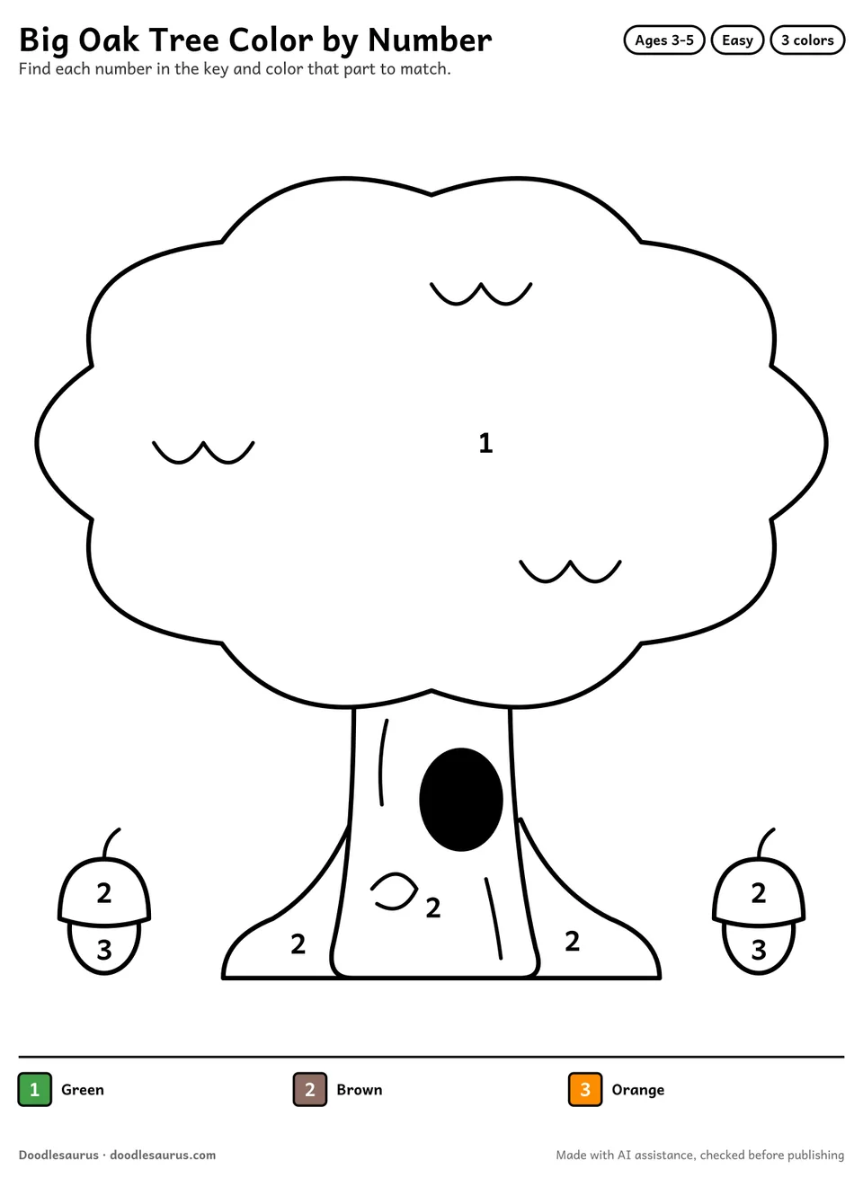Color-by-number printable of a big oak tree with 3 numbered colors and a color key; an answer page shows the finished picture.