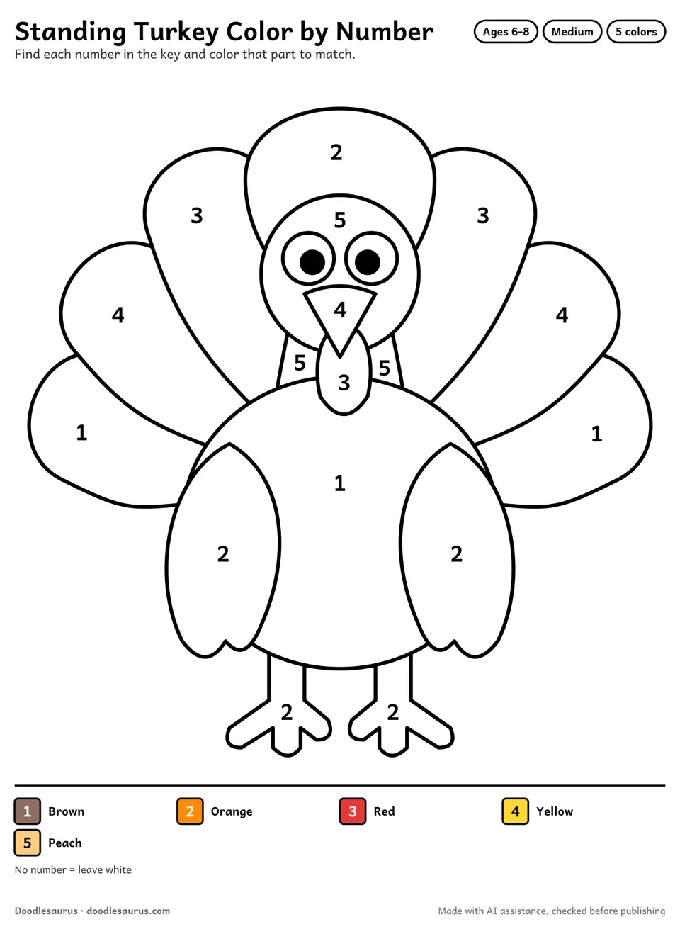 Color-by-number printable of a standing turkey with 5 numbered colors and a color key; an answer page shows the finished picture.
