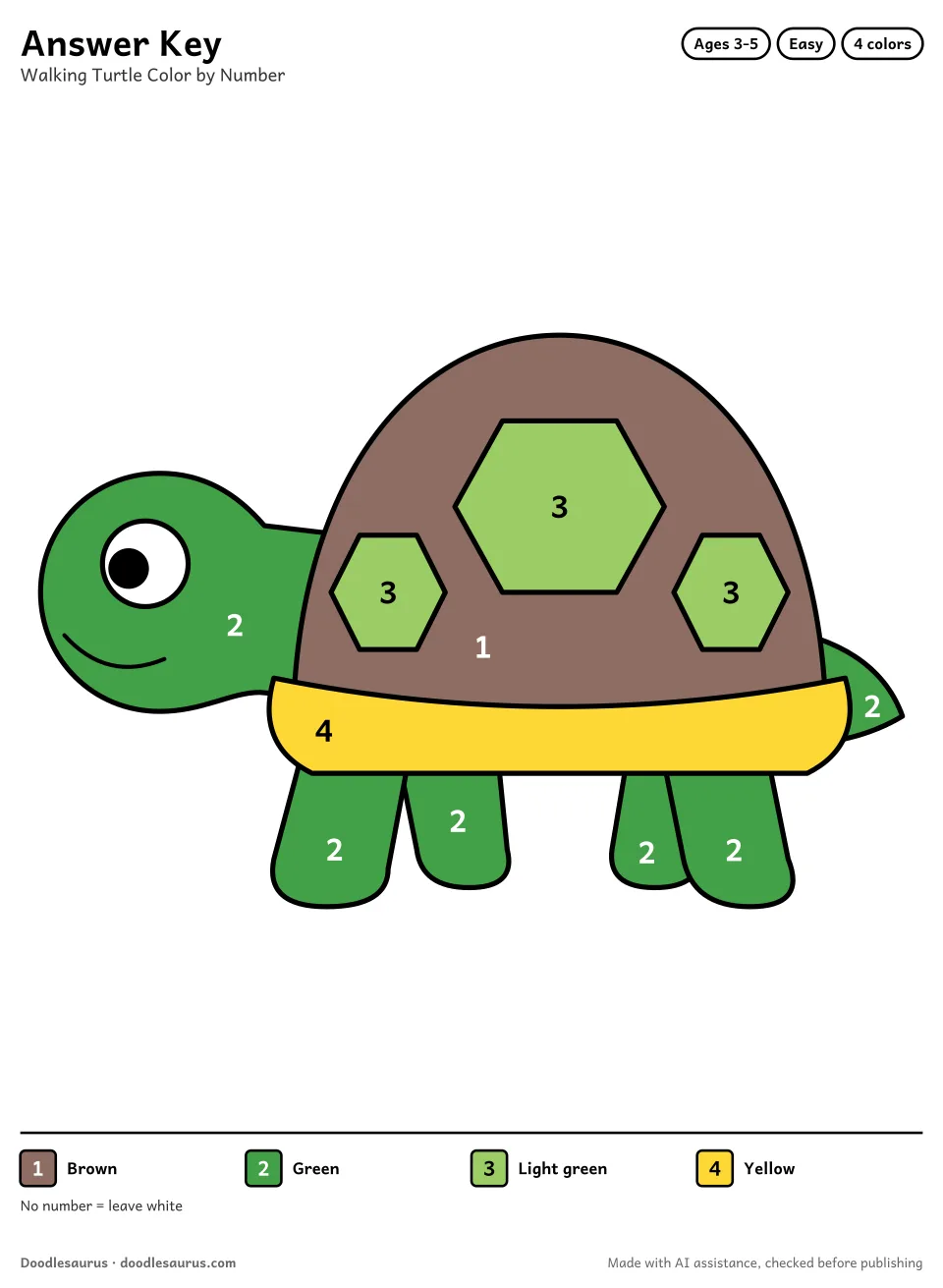 Answer key for Walking Turtle Color by Number (4 Colors)