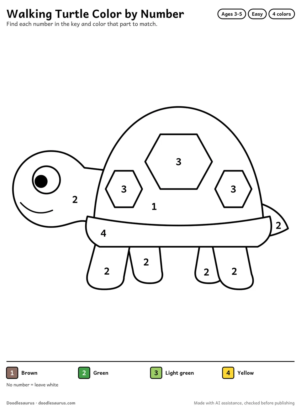 Color-by-number printable of a walking turtle with 4 numbered colors and a color key; an answer page shows the finished picture.