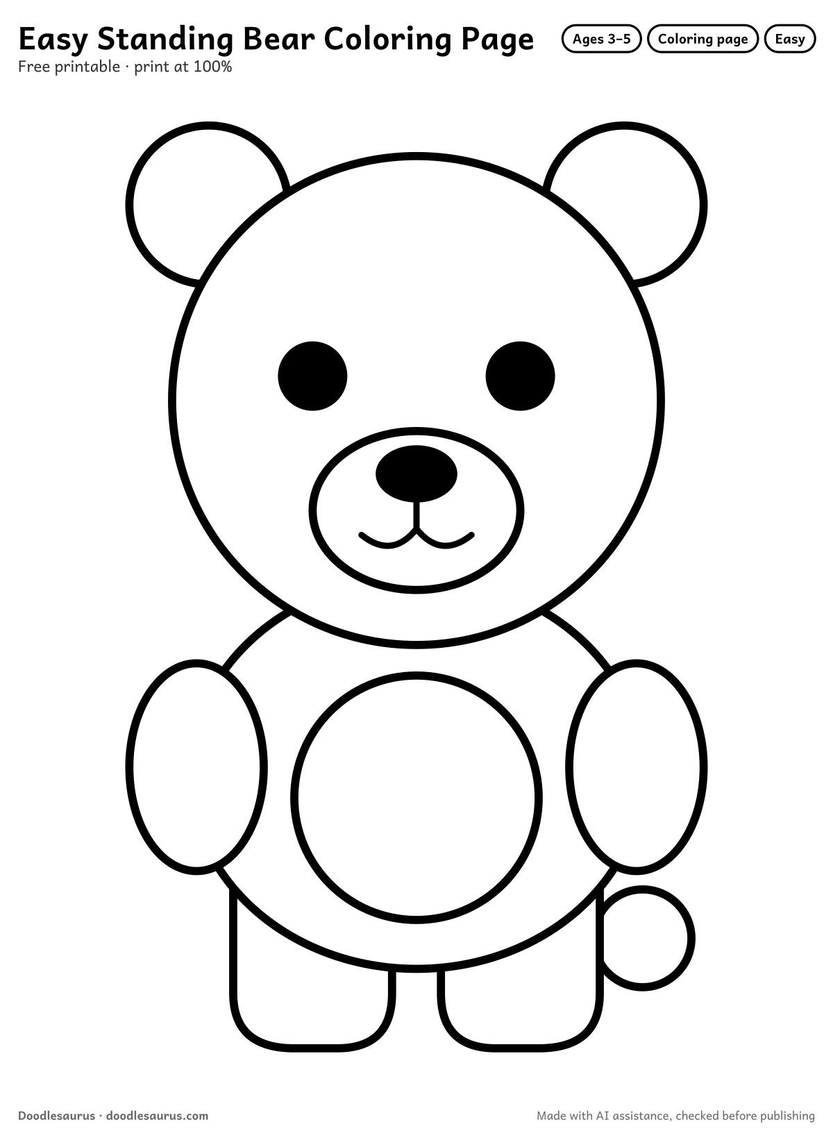 Standing bear coloring page: a bear drawn in thick, bold black outlines on white. Parts to color: head, body, legs, belly, arms and ears.