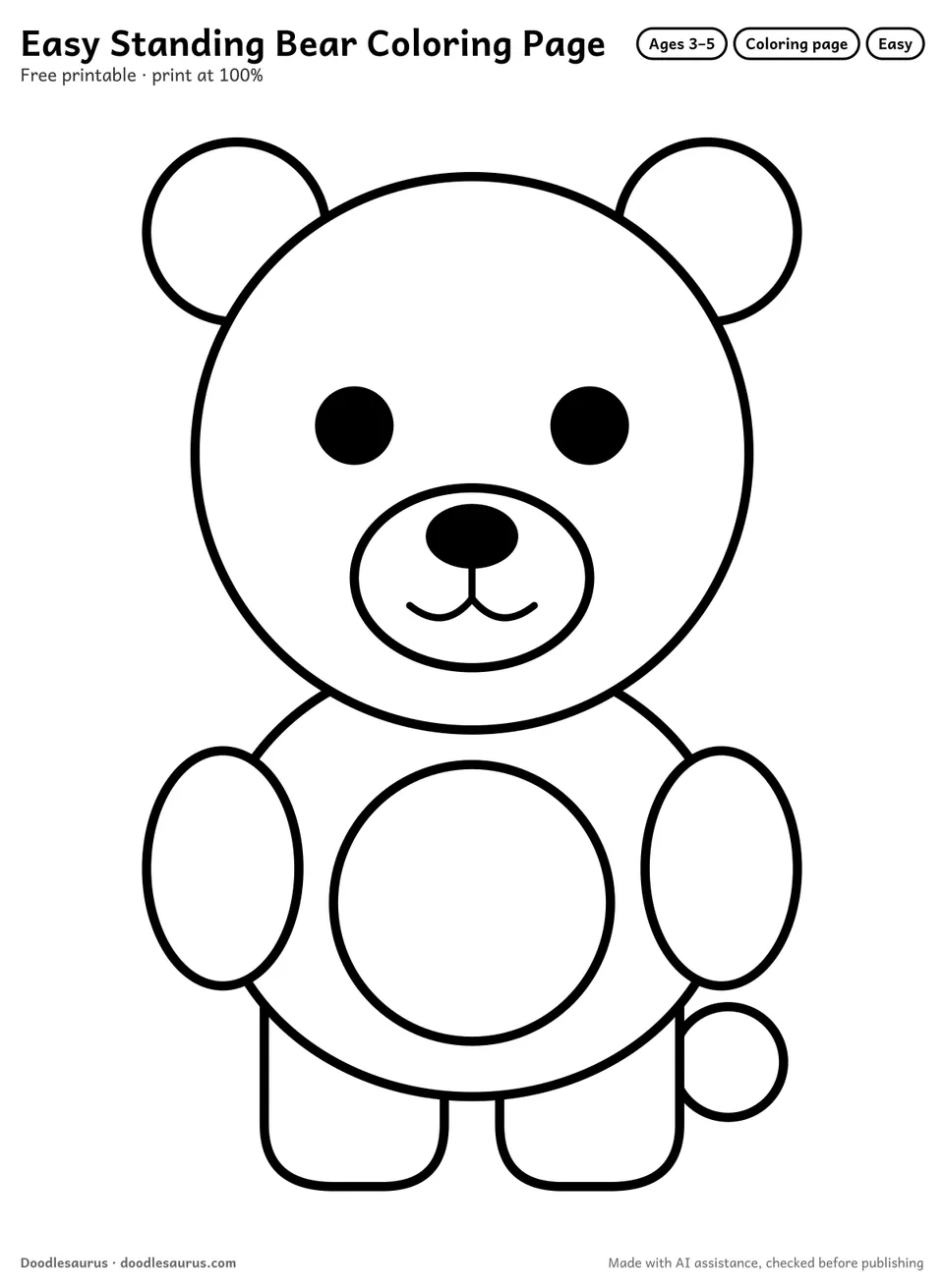 Standing bear coloring page: a bear drawn in thick, bold black outlines on white. Parts to color: head, body, legs, belly, arms and ears.