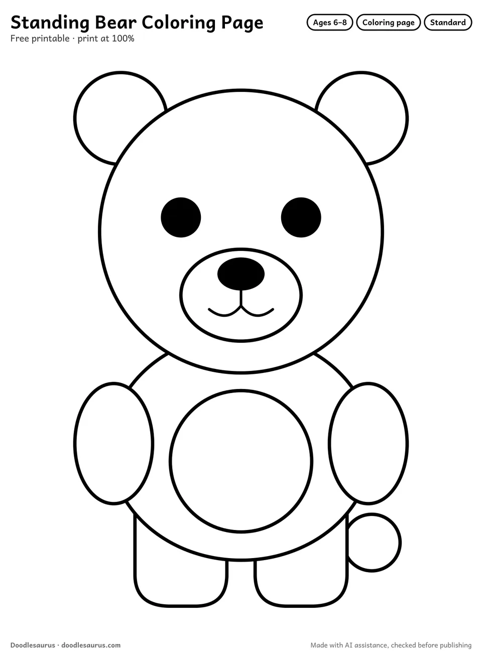Standing bear coloring page: a bear drawn in clean black outlines on white. Parts to color: head, body, legs, belly, arms and ears.
