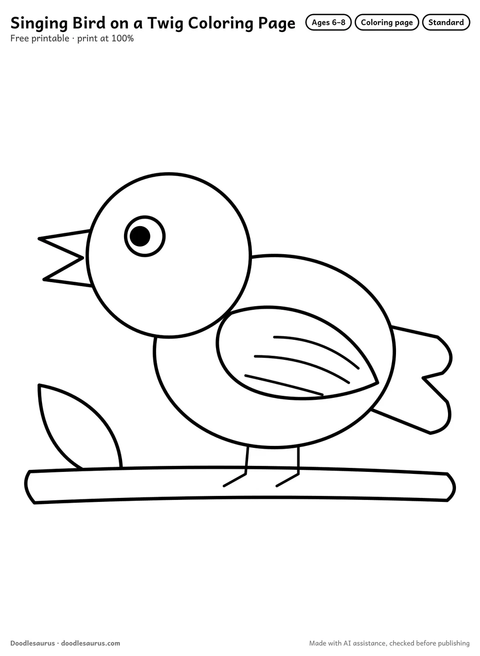Singing bird on a twig coloring page: a bird drawn in clean black outlines on white. Parts to color: body, head, twig, wing, tail feathers and leaf.