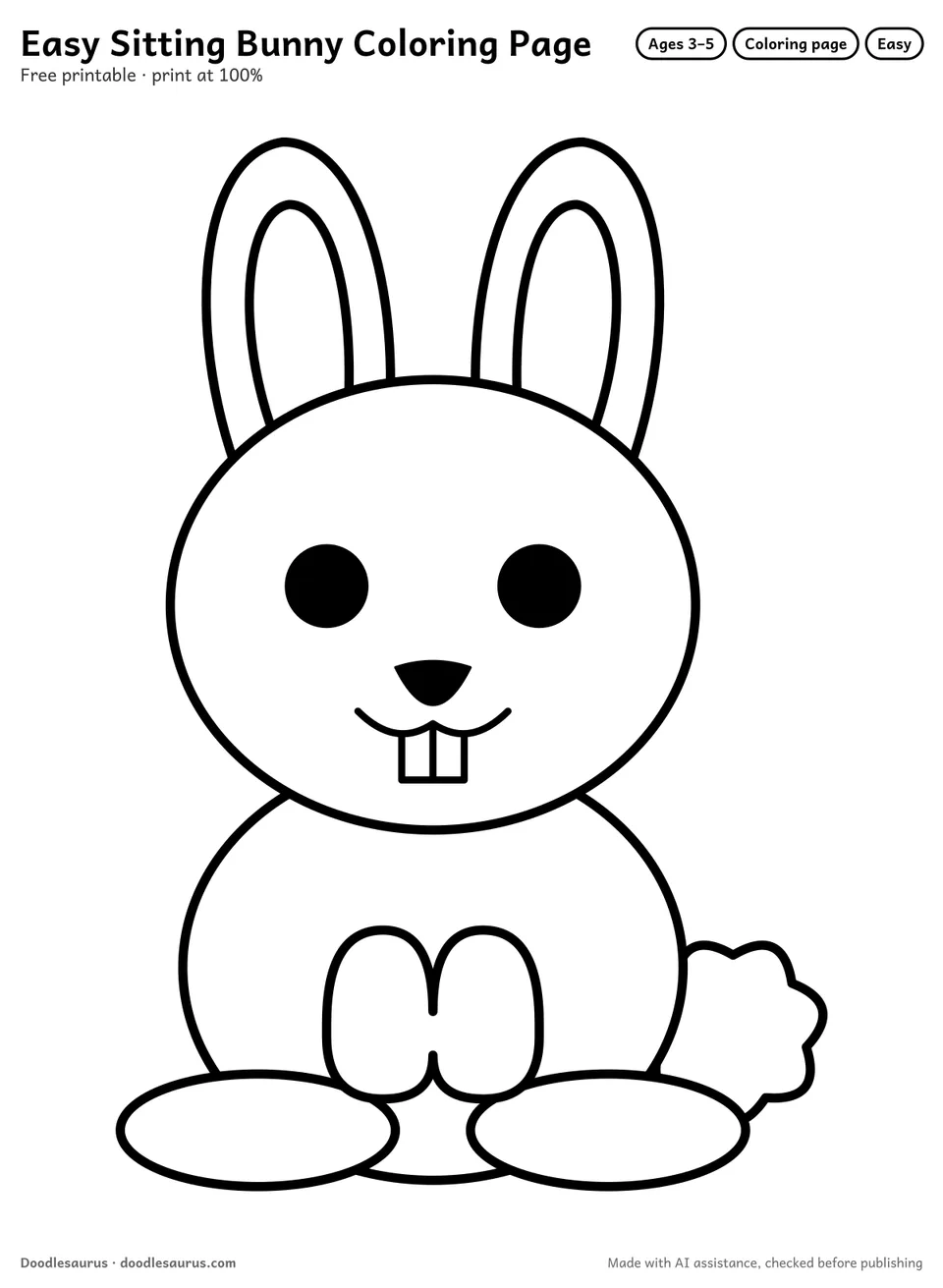 Sitting bunny coloring page: a bunny drawn in thick, bold black outlines on white. Parts to color: head, body, ears, feet, insides of ear and paws.