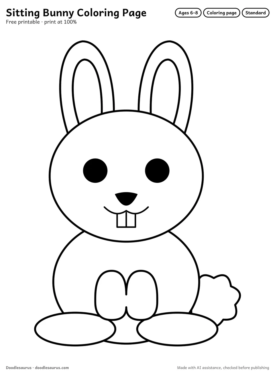 Sitting bunny coloring page: a bunny drawn in clean black outlines on white. Parts to color: head, body, ears, feet, insides of ear and paws.