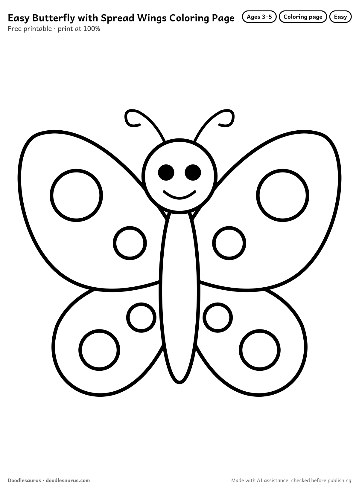 Butterfly with spread wings coloring page: a butterfly drawn in thick, bold black outlines on white. Parts to color: wings, big spot on wings, body and head.