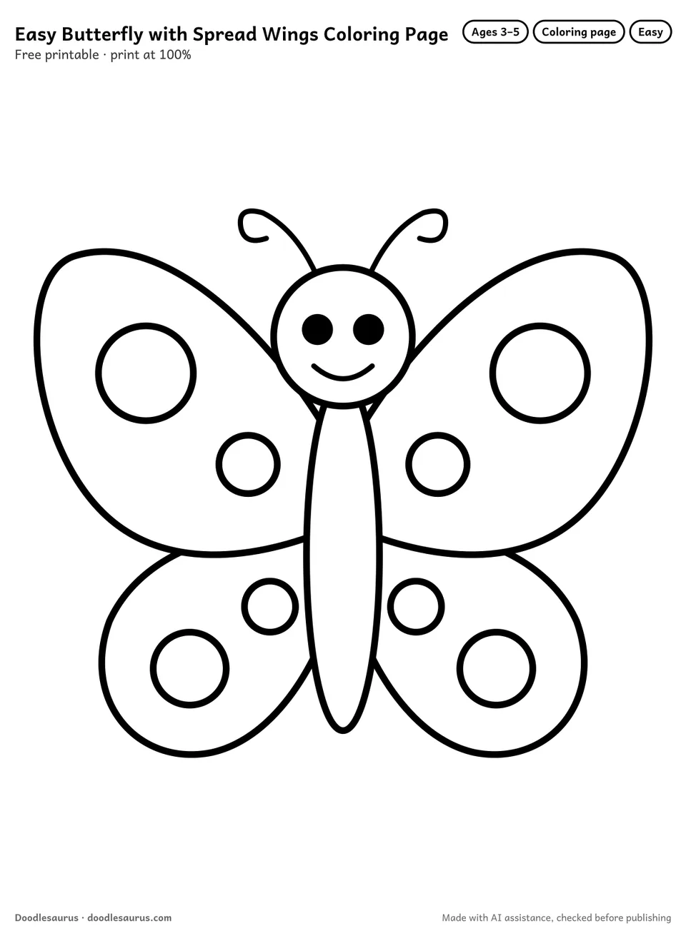 Butterfly with spread wings coloring page: a butterfly drawn in thick, bold black outlines on white. Parts to color: wings, big spot on wings, body and head.