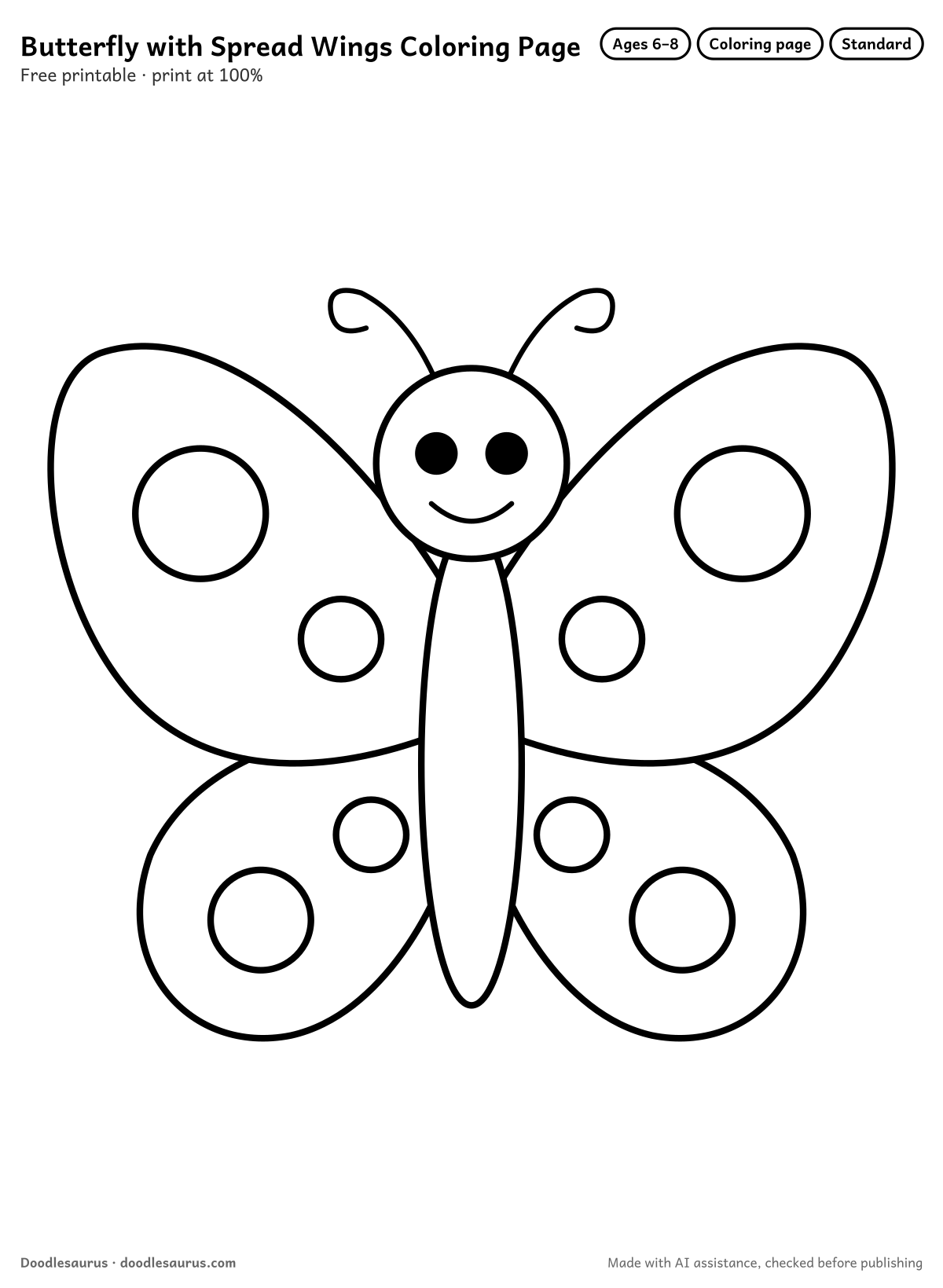 Butterfly with spread wings coloring page: a butterfly drawn in clean black outlines on white. Parts to color: wings, big spot on wings, body and head.