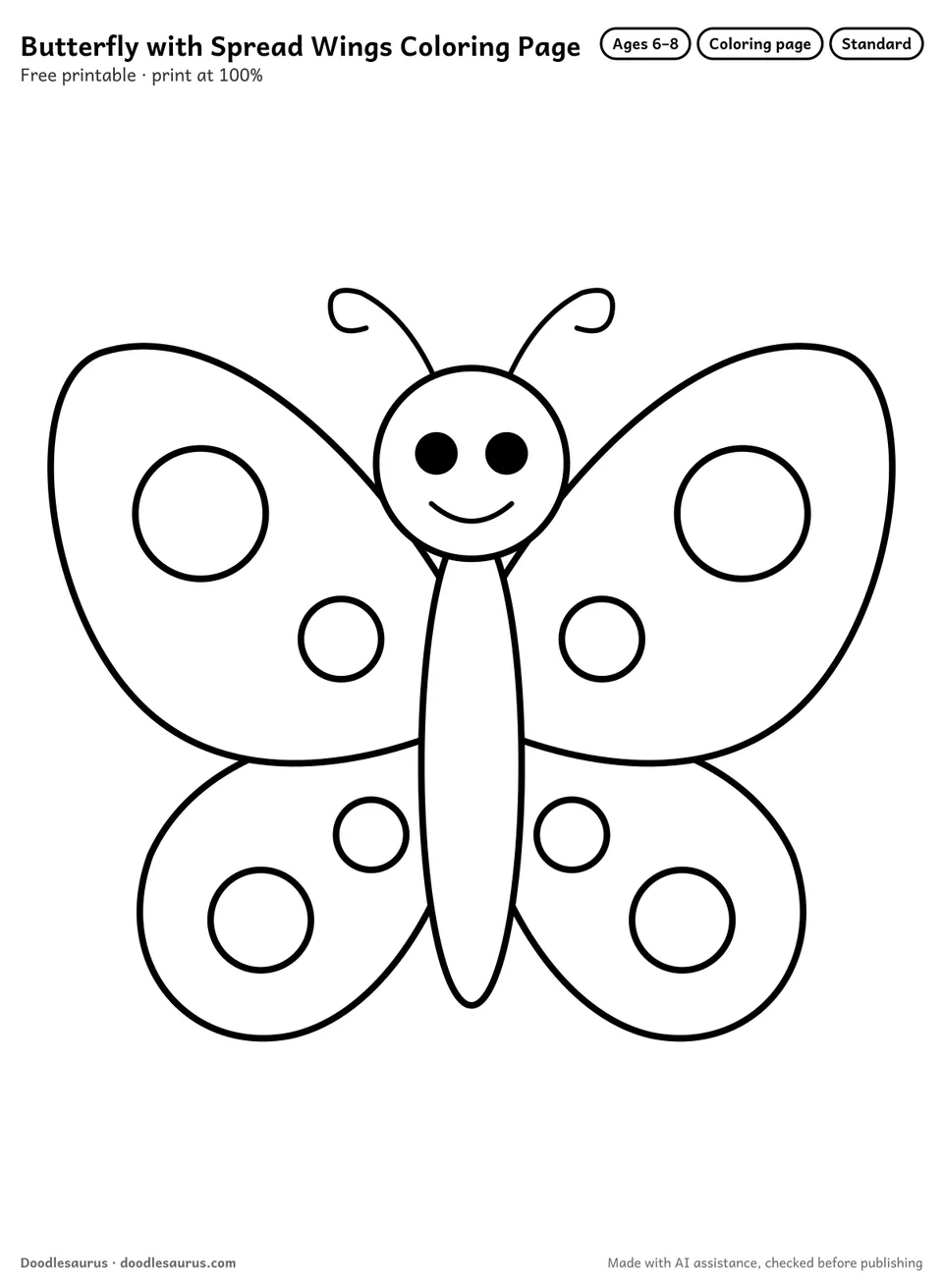 Butterfly with spread wings coloring page: a butterfly drawn in clean black outlines on white. Parts to color: wings, big spot on wings, body and head.