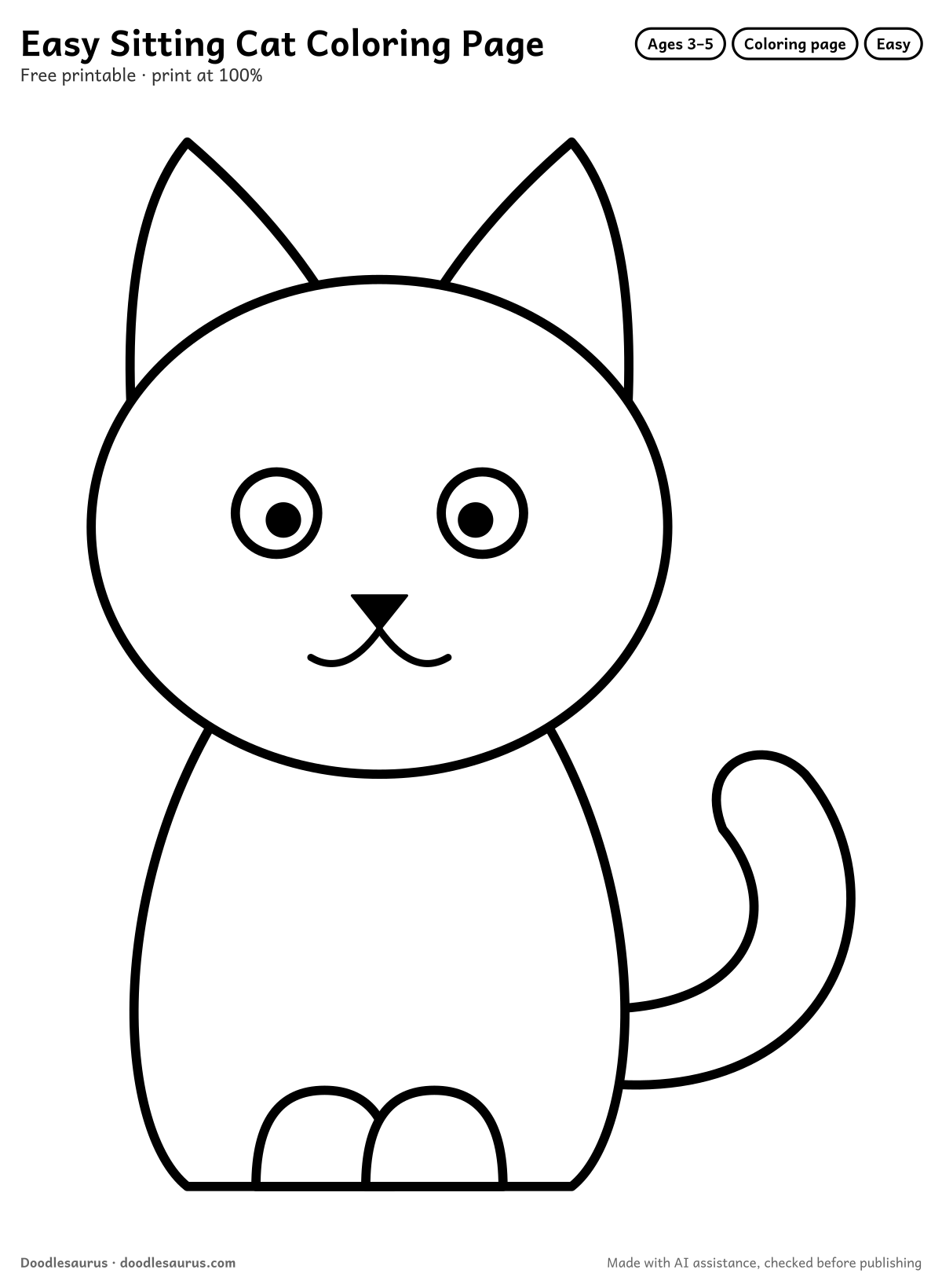Sitting cat coloring page: a cat drawn in thick, bold black outlines on white. Parts to color: head, body, ears, tail, paws and eyes.