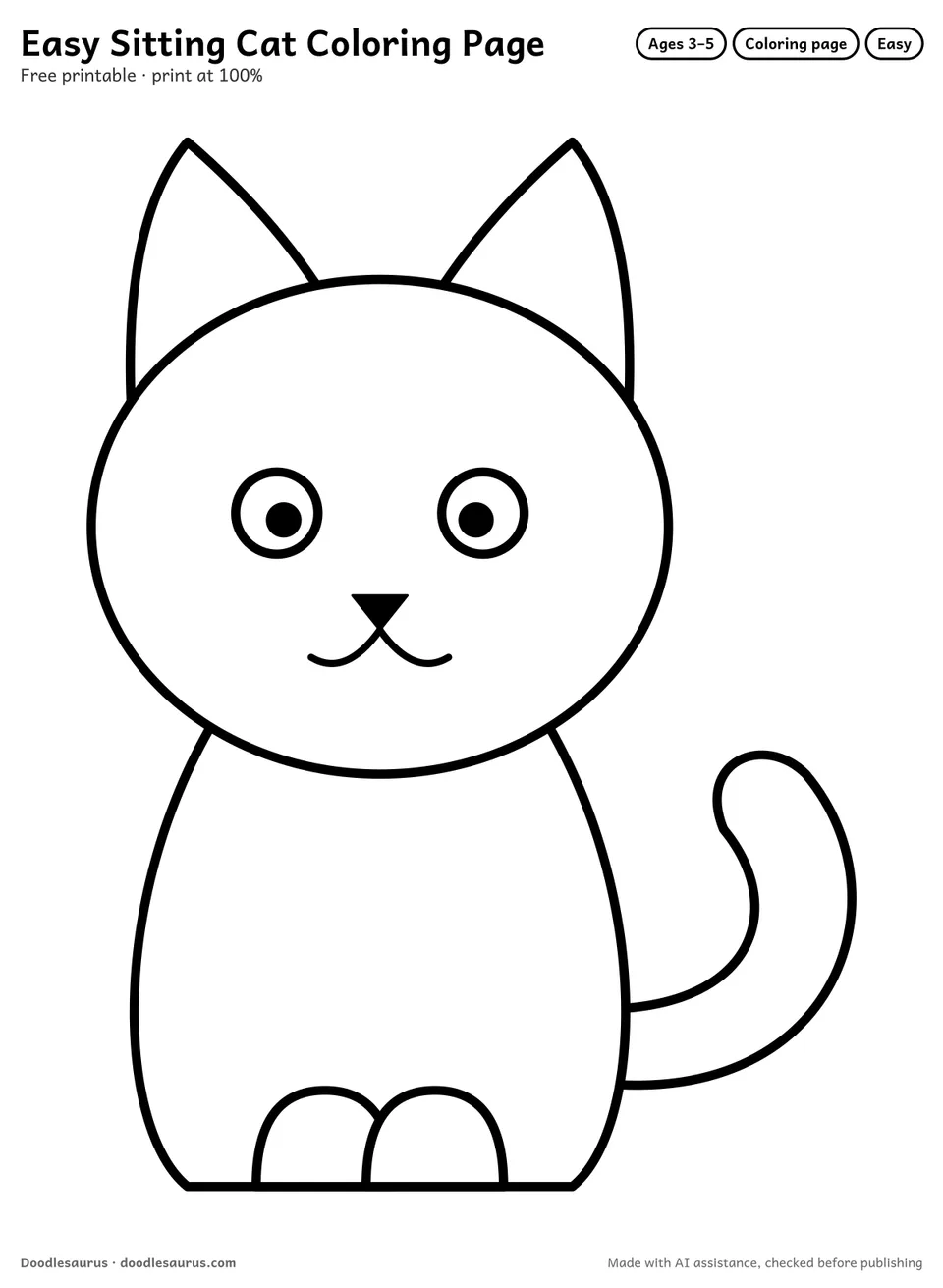 Sitting cat coloring page: a cat drawn in thick, bold black outlines on white. Parts to color: head, body, ears, tail, paws and eyes.