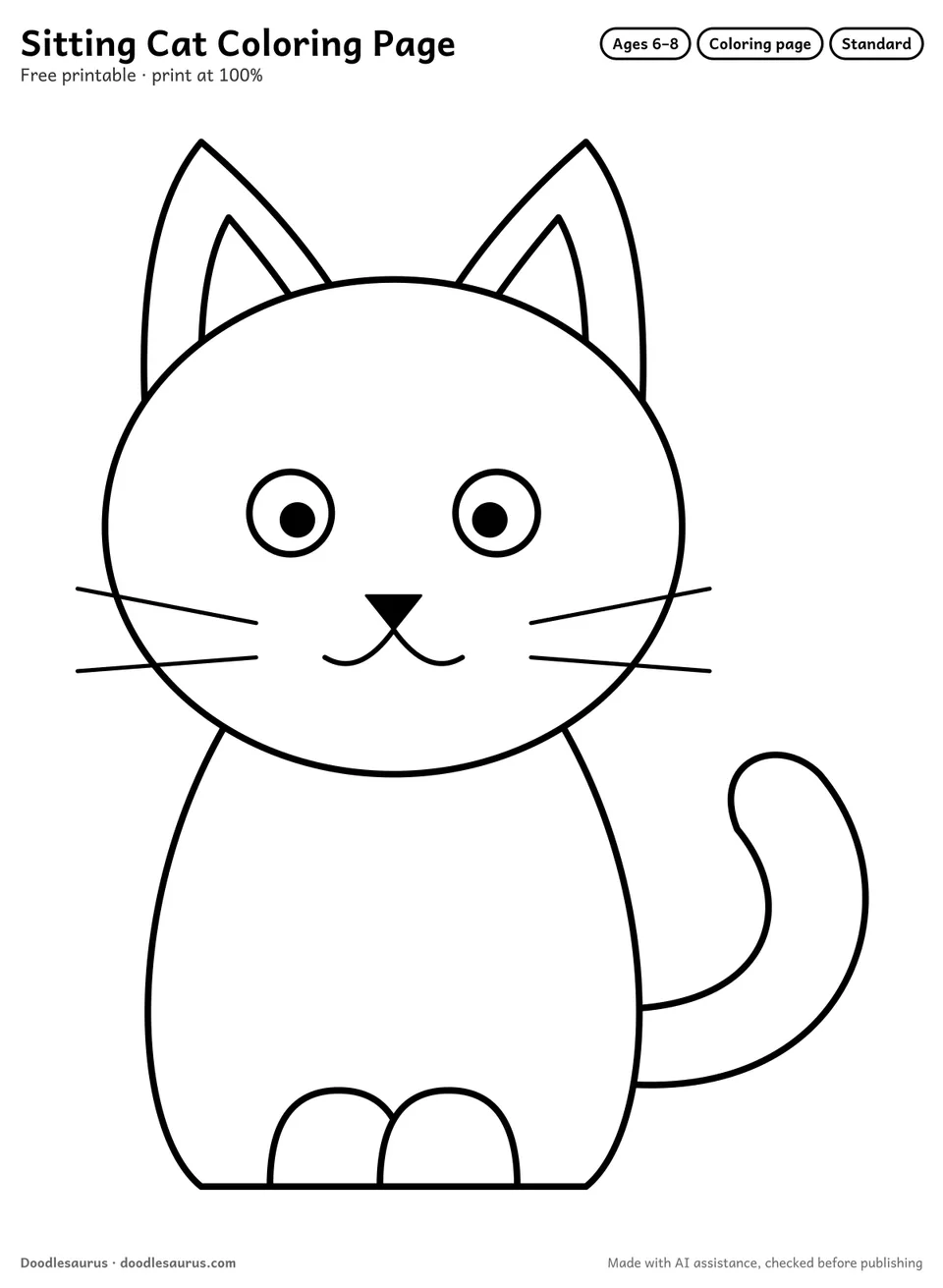 Sitting cat coloring page: a cat drawn in clean black outlines on white. Parts to color: head, body, ears, tail, insides of ear and paws.