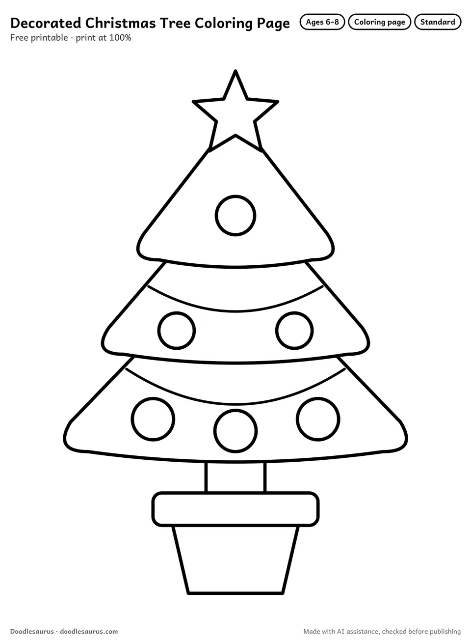 Decorated Christmas tree coloring page: a Christmas tree drawn in clean black outlines on white. Parts to color: tiers, pot, ornaments, star, trunk and pot rim.