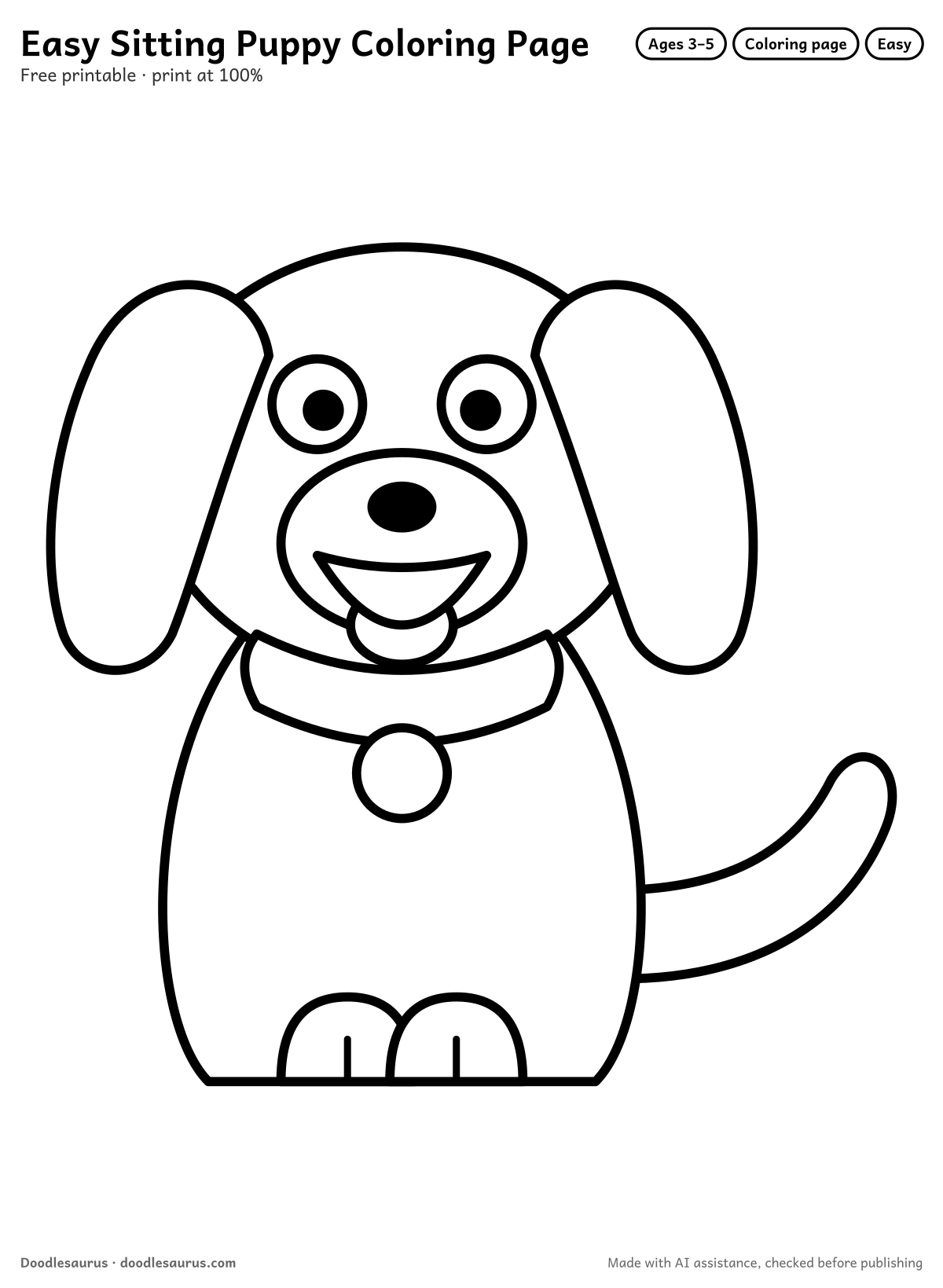Sitting puppy coloring page: a dog drawn in thick, bold black outlines on white. Parts to color: body, head, floppy ears, tail, muzzle and collar.