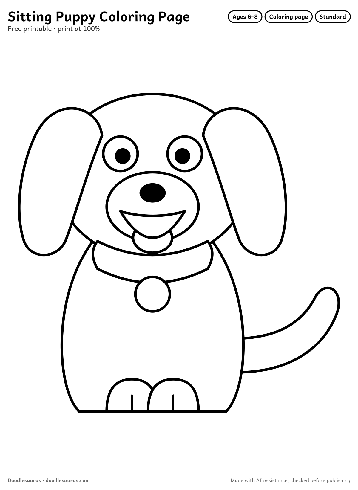 Sitting puppy coloring page: a dog drawn in clean black outlines on white. Parts to color: body, head, floppy ears, tail, muzzle and collar.