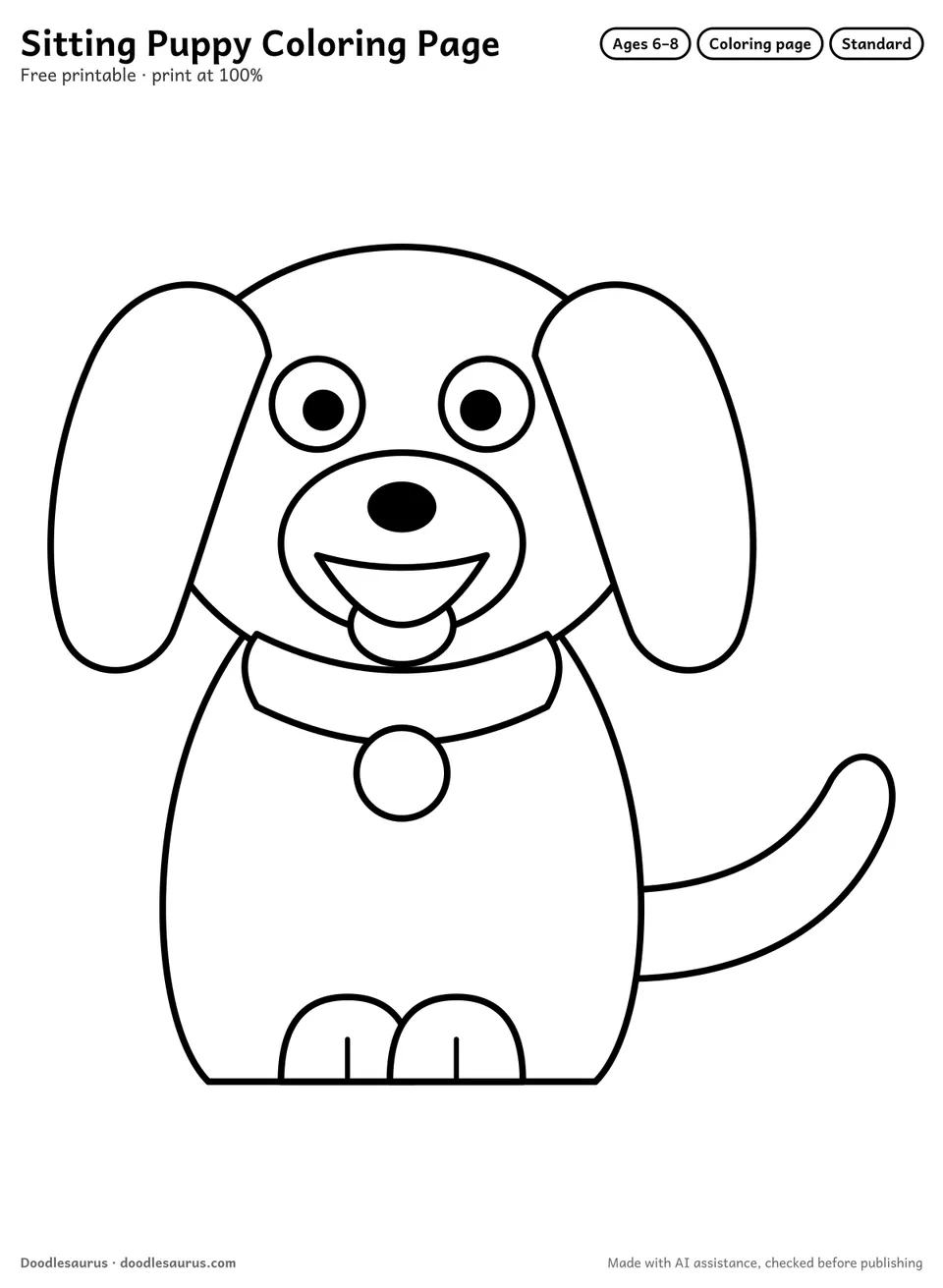 Sitting puppy coloring page: a dog drawn in clean black outlines on white. Parts to color: body, head, floppy ears, tail, muzzle and collar.