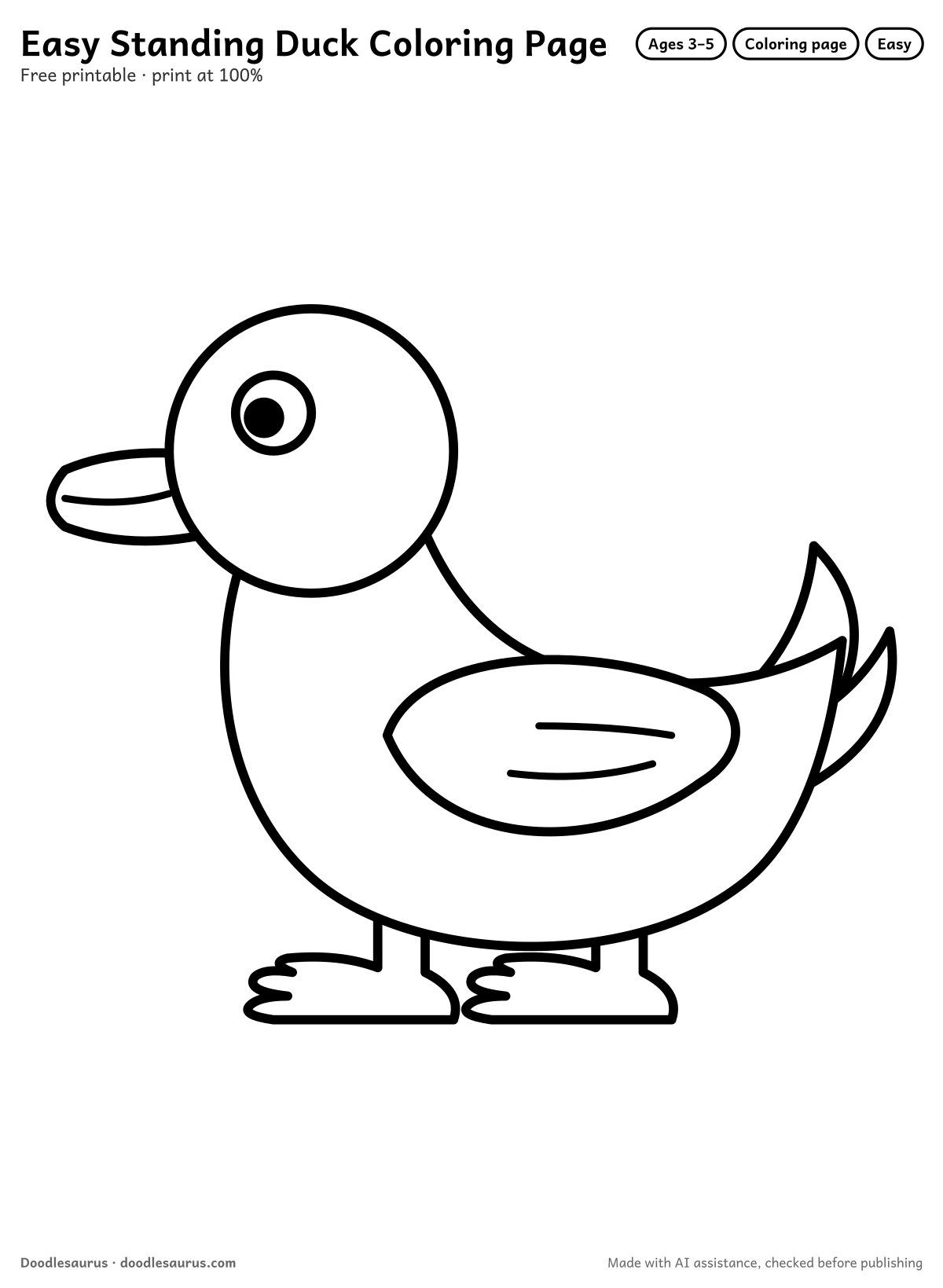Standing duck coloring page: a duck drawn in thick, bold black outlines on white. Parts to color: body, head, legs, webbed feet, wing, tail feathers and bill.