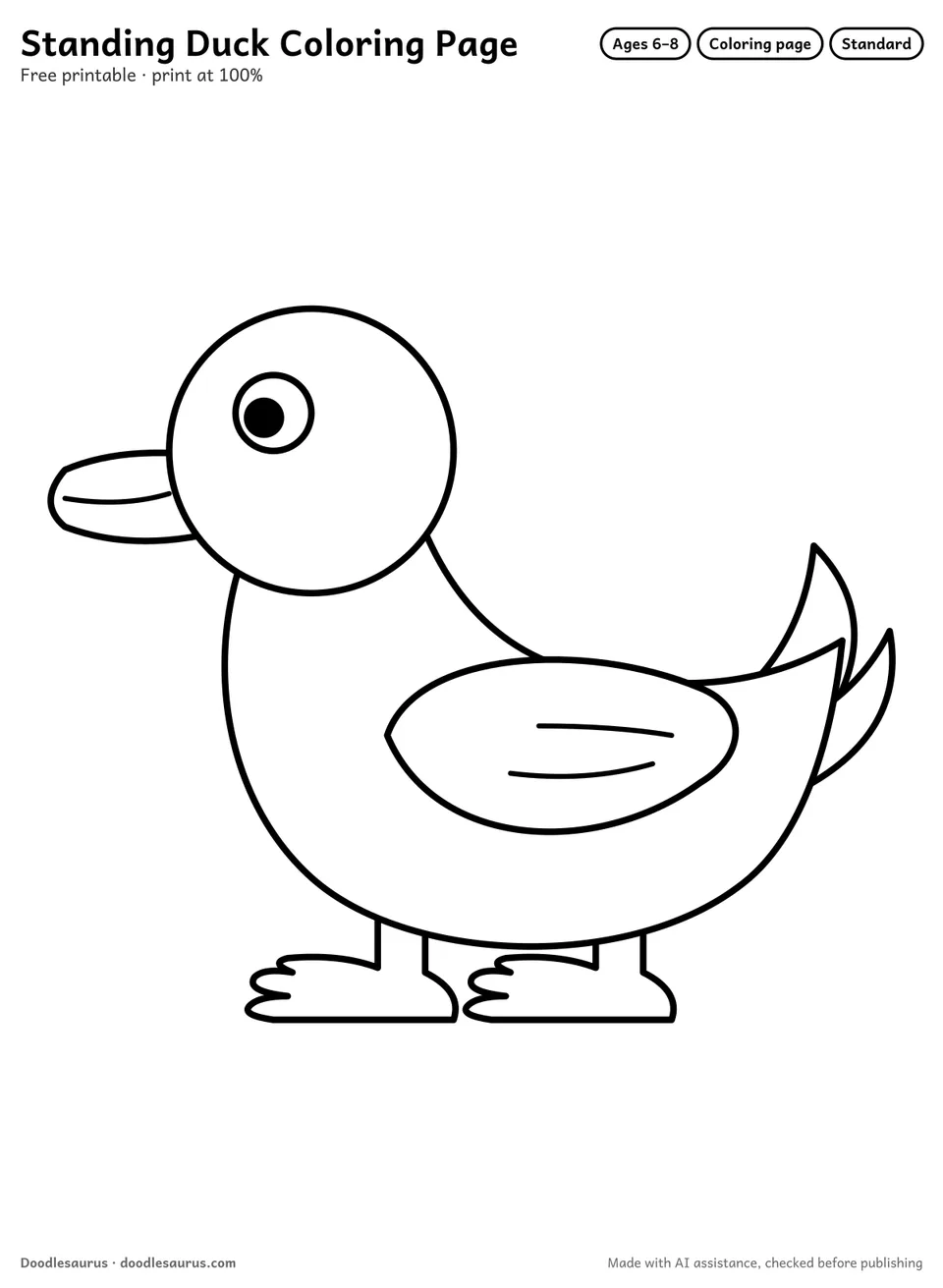 Standing duck coloring page: a duck drawn in clean black outlines on white. Parts to color: body, head, legs, webbed feet, wing, tail feathers and bill.