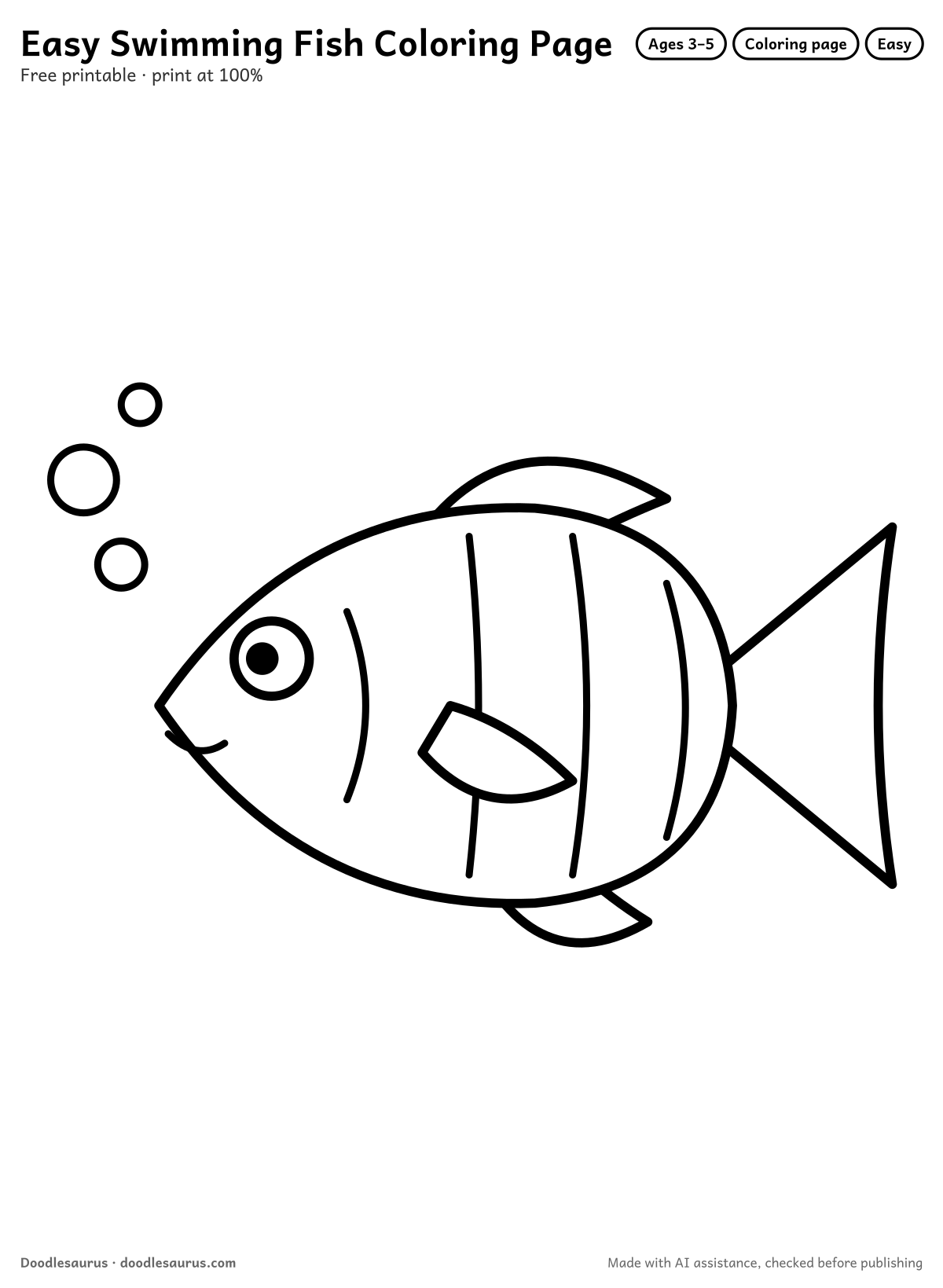 Swimming fish coloring page: a fish drawn in thick, bold black outlines on white. Parts to color: body, tail, fins, side fin and eye.