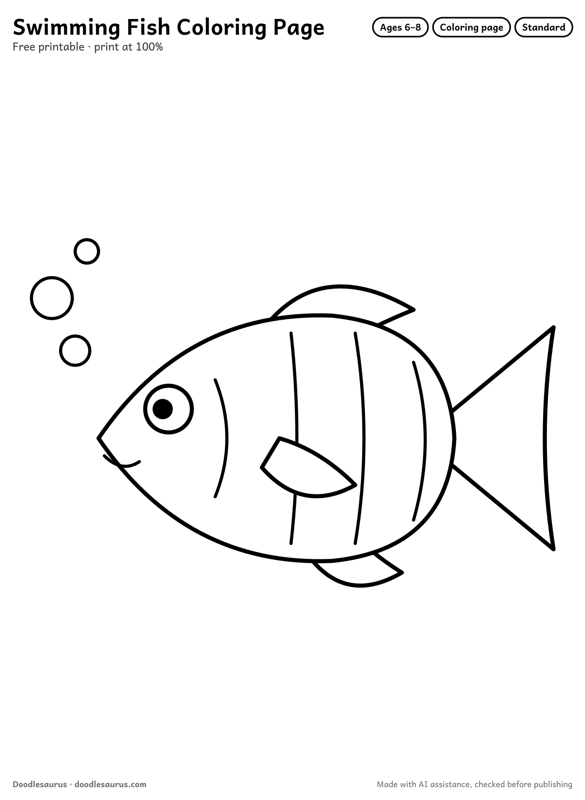 Swimming fish coloring page: a fish drawn in clean black outlines on white. Parts to color: body, tail, fins, side fin and eye.