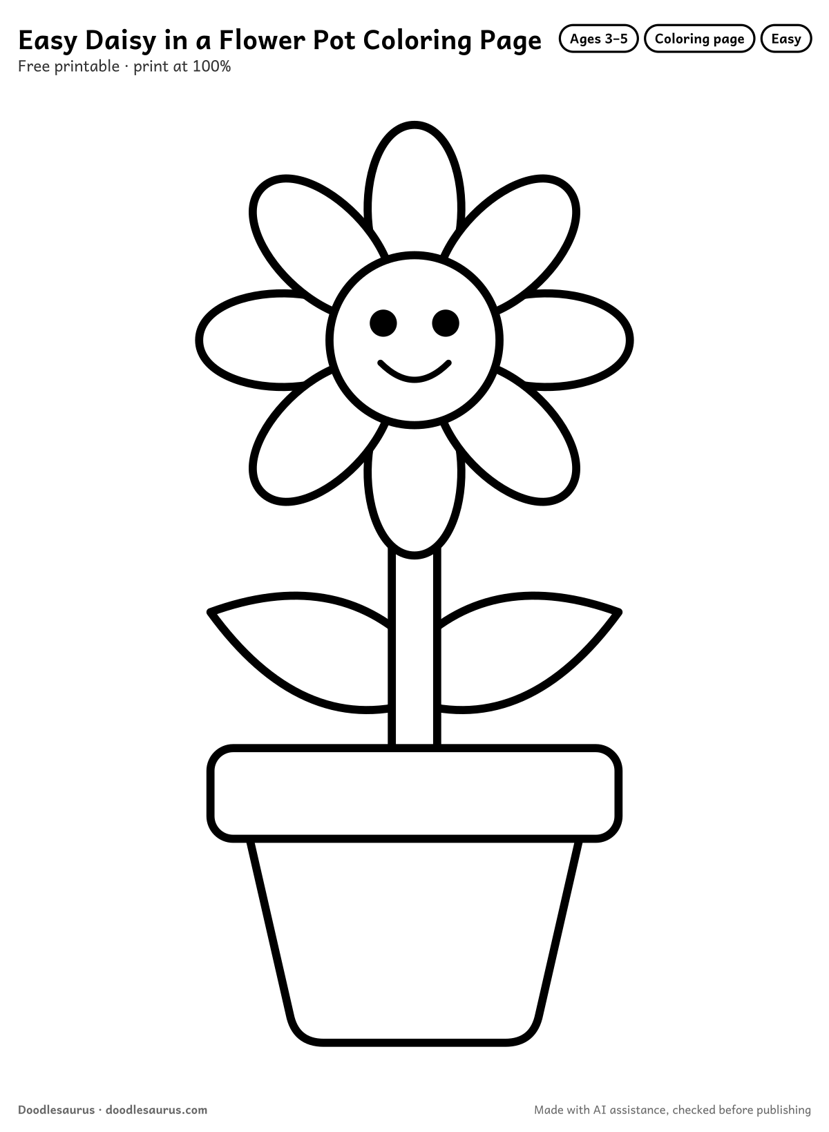 Daisy in a flower pot coloring page: a flower drawn in thick, bold black outlines on white. Parts to color: petals, flower pot, leaves and rim of the pot.