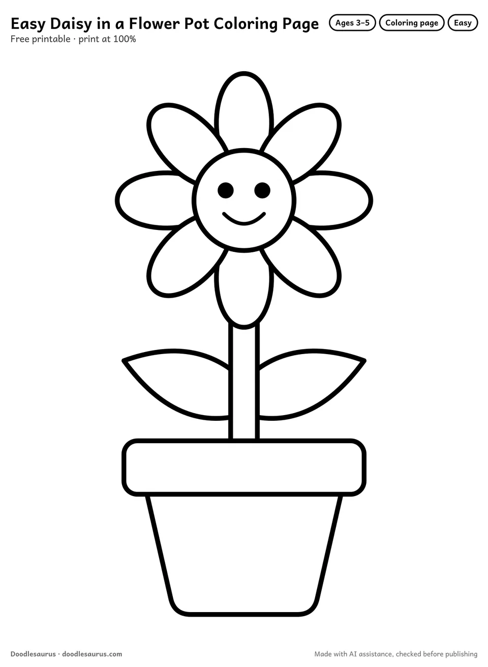Daisy in a flower pot coloring page: a flower drawn in thick, bold black outlines on white. Parts to color: petals, flower pot, leaves and rim of the pot.